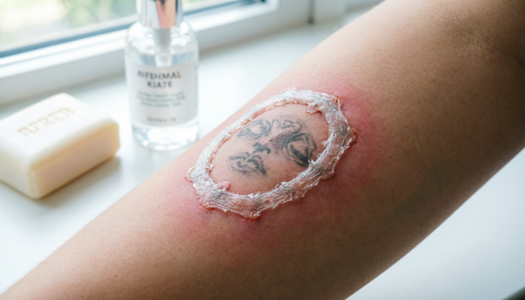 Primo piano di un tatuaggio in fase di guarigione sulla pelle, che mostra un leggero rossore, una crosticina trasparente molto sottile e un aspetto sbiadito/opaco. Il disegno del tatuaggio è parzialmente visibile ma coperto da un delicato strato bianco-argenteo di nuova pelle.