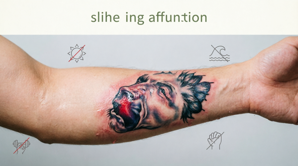 avambraccio con tattoo fresco e icone di precauzione per la guarigione