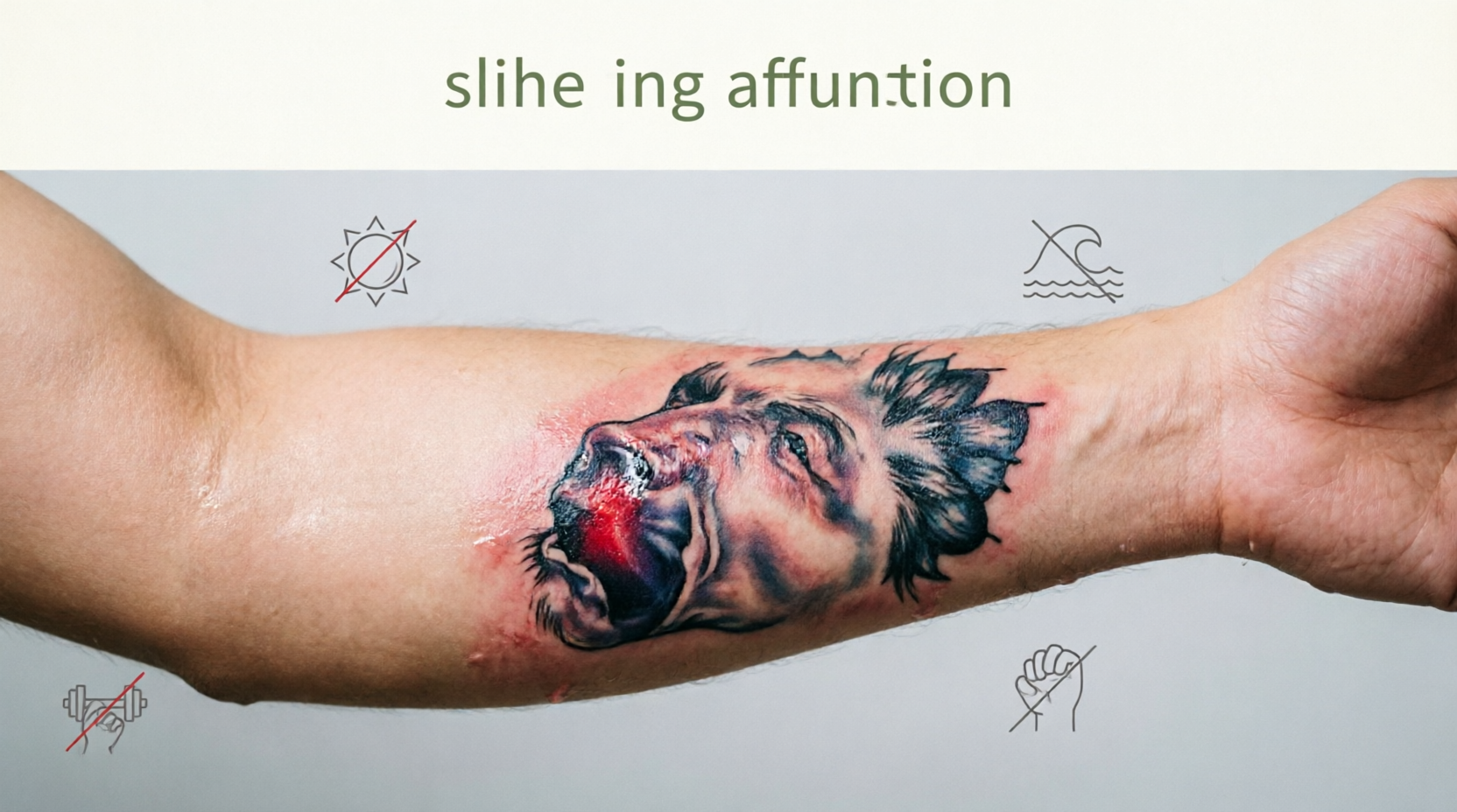 avambraccio con tattoo fresco e icone di precauzione per la guarigione
