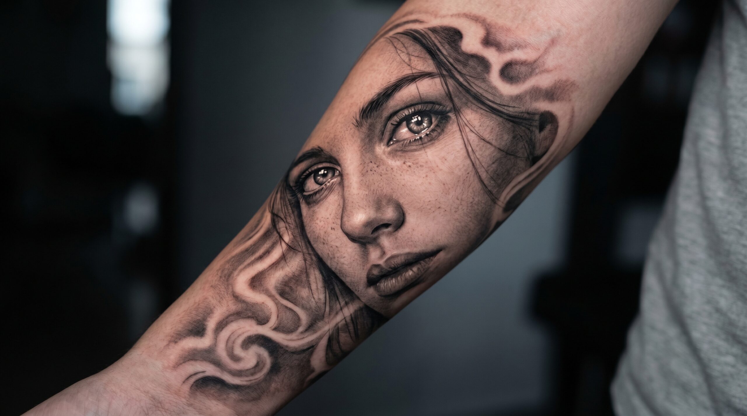 "Fotografia macro da studio di un tatuaggio realistico Black and Grey su avambraccio umano, raffigurante il ritratto di una donna con occhi estremamente realistici, dettagli raffinati della pelle e morbide sfumature fumose, con contrasto elevato e messa a fuoco nitida."
