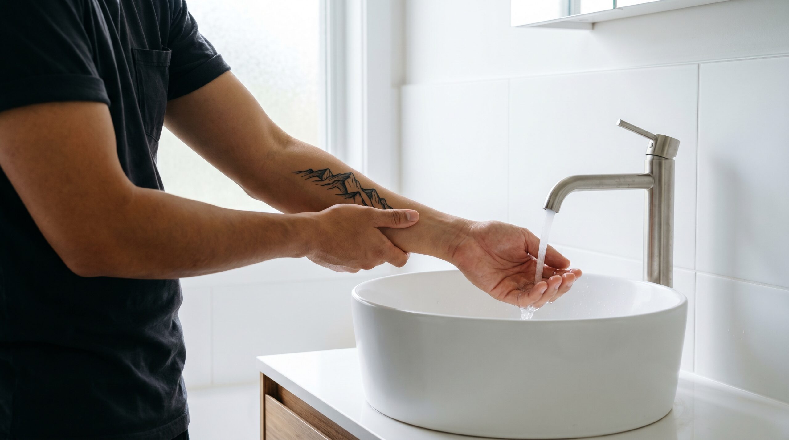 Bagno pulito, luce naturale soffusa. Una persona tiene un tatuaggio di montagna in stile blackwork appena fatto sopra un lavabo di ceramica, con un delicato getto d'acqua tiepida che sta per sfiorare la pelle. Le mani e il primo piano sono puliti e bagnati.