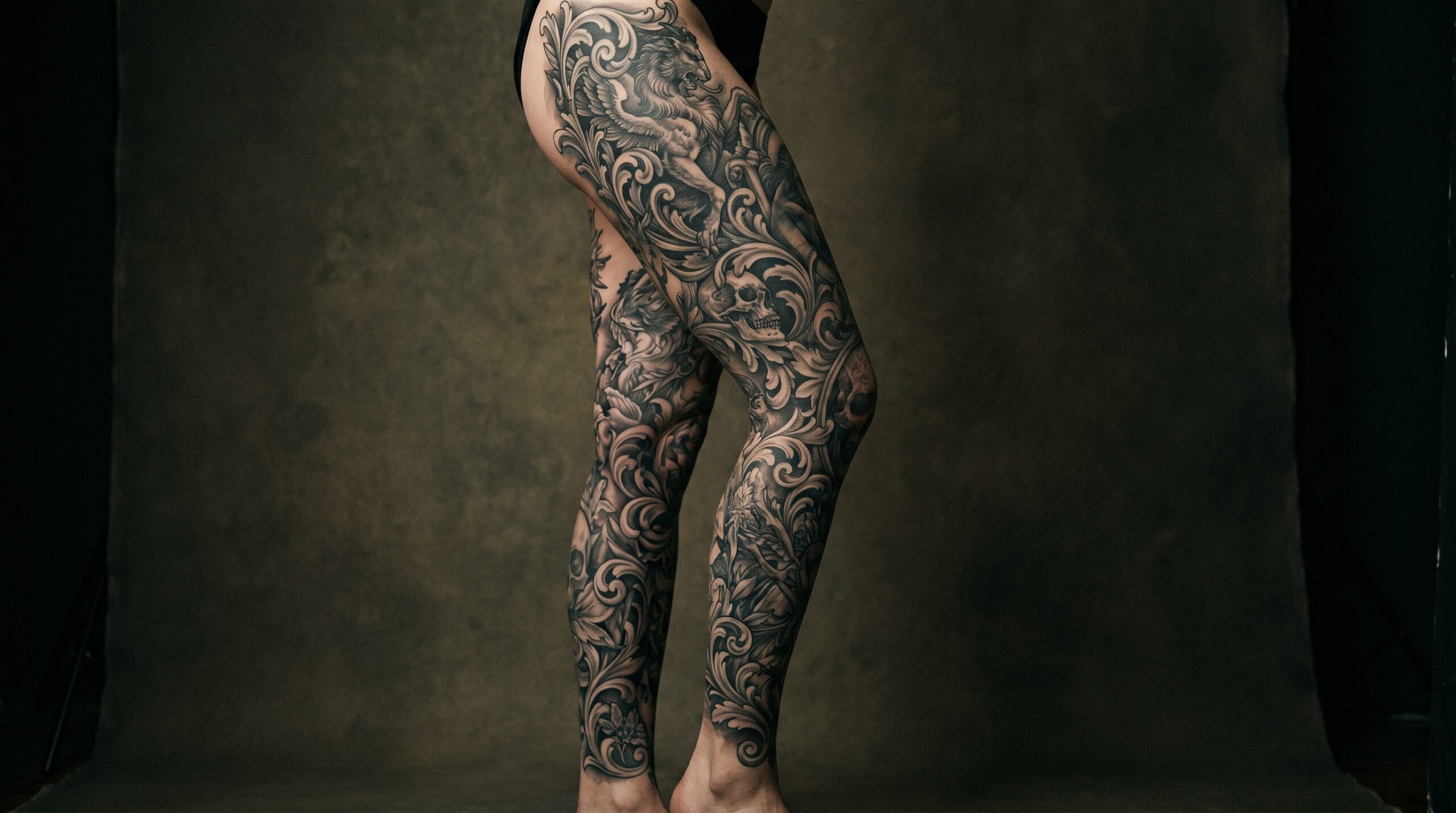 Fotografia cinematografica in studio che mette in risalto uno straordinario tatuaggio leg sleeve completo in bianco e nero su una persona in piedi. L’intricato design scorre perfettamente dalla parte superiore esterna della coscia, attraversa il ginocchio e avvolge completamente il muscolo del polpaccio.