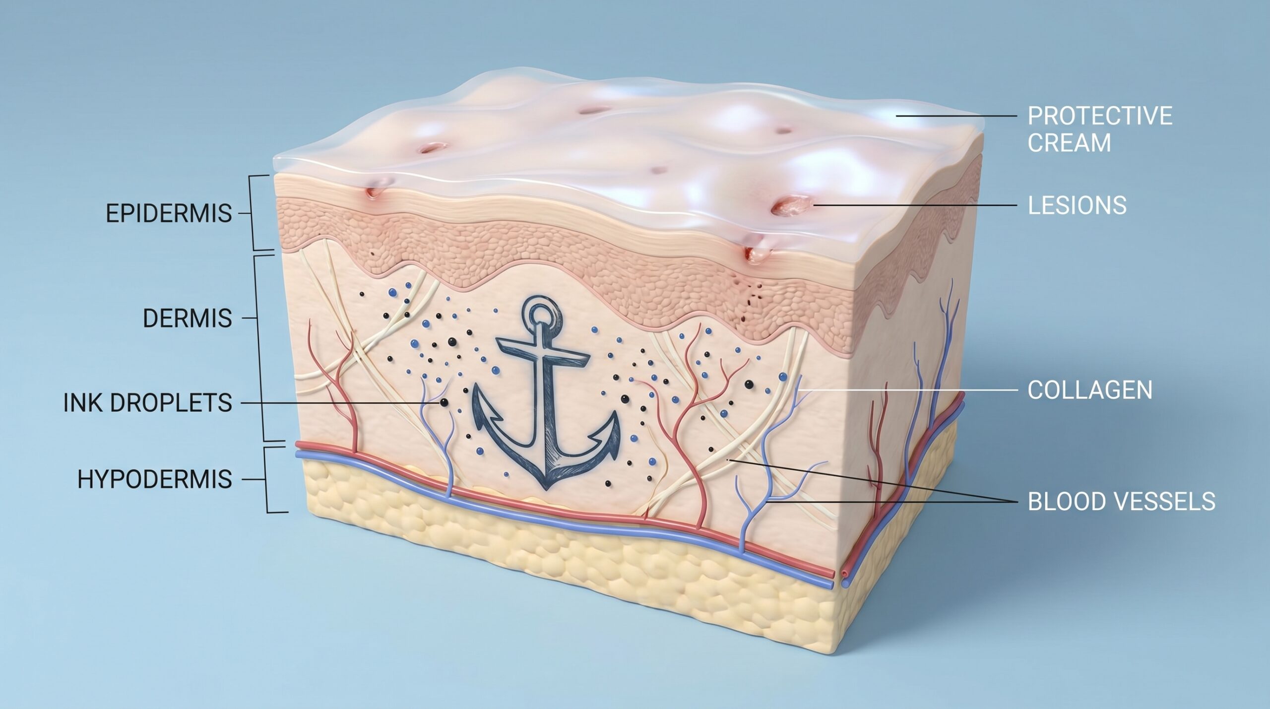 Diagramma tridimensionale, pulito e in stile medico, di una sezione trasversale di pelle umana con un tatuaggio fresco. Piccole gocce d'inchiostro sono visibili nello strato del derma. La superficie mostra lesioni microscopiche ricoperte da un sottile strato protettivo di crema traslucida.
