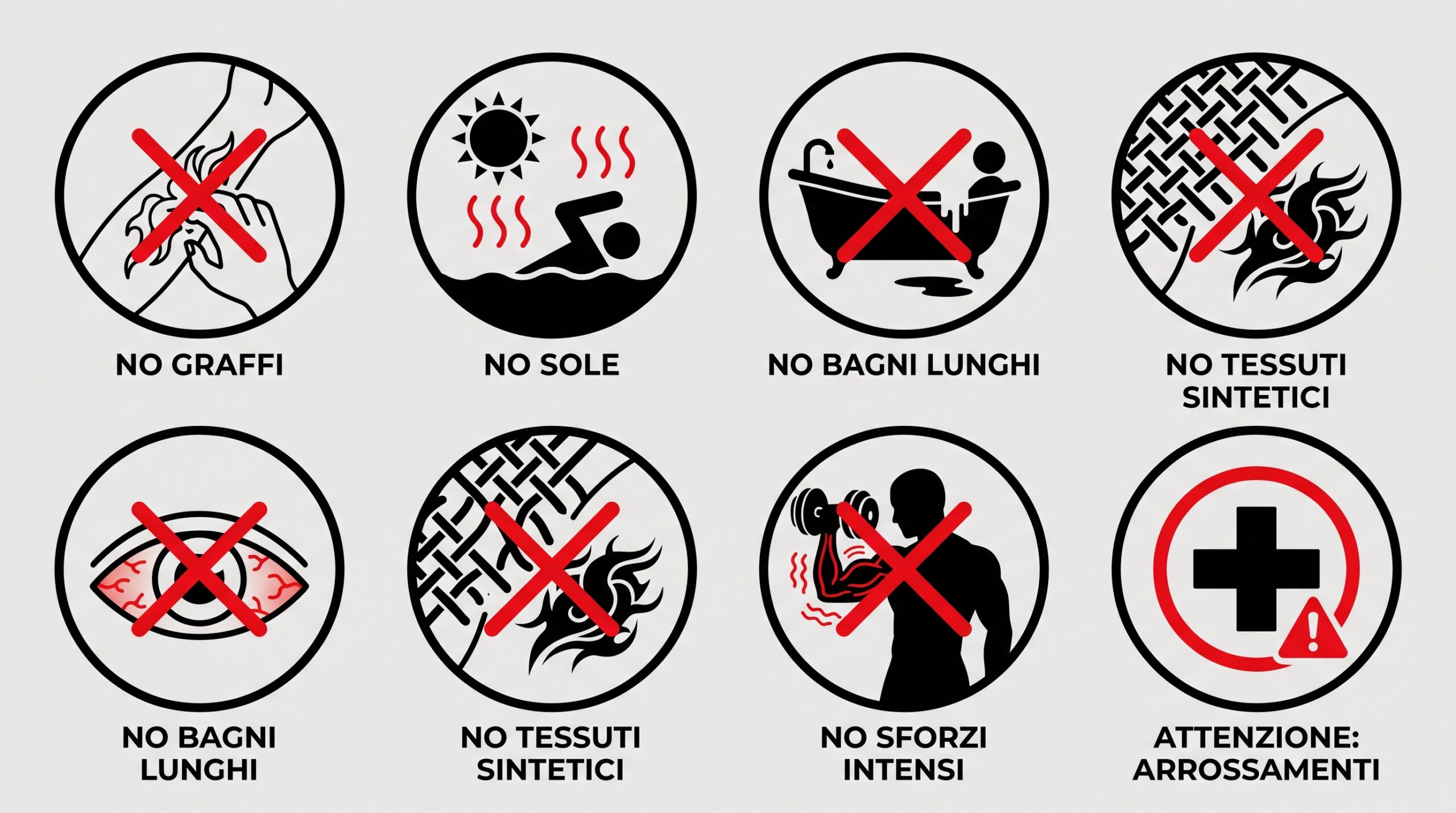 Infografica con 6 icone circolari nere e rosse su sfondo grigio chiaro che mostrano cosa non fare durante la guarigione di un tatuaggio: grattarsi, esporsi al sole/nuotare, immergersi nella vasca da bagno, indossare tessuti sintetici attillati, sollevare pesi e prestare attenzione all'arrossamento degli occhi.