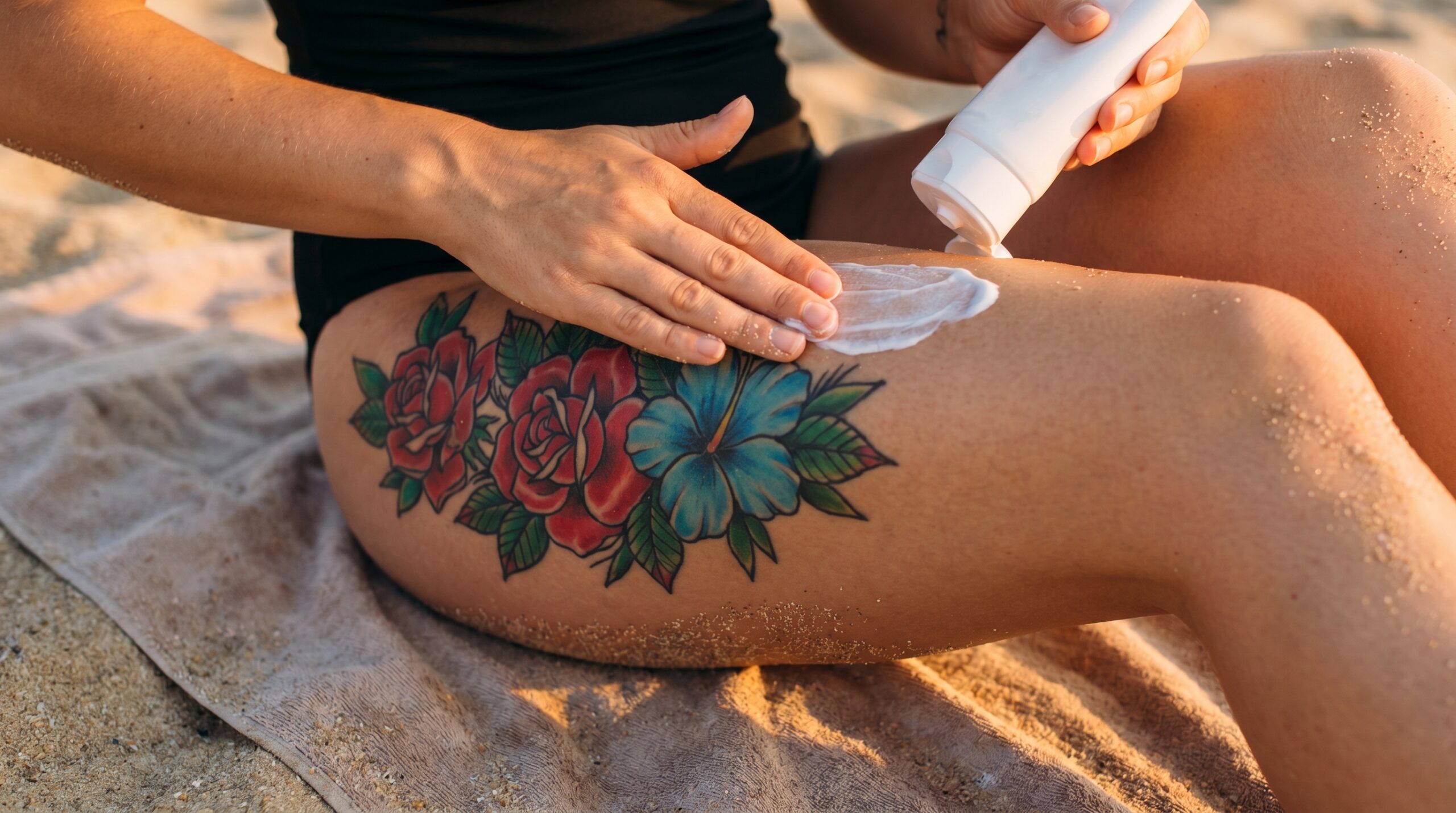 Fotografia lifestyle ravvicinata di una persona in spiaggia che applica una crema solare su un tatuaggio floreale colorato e completamente guarito sulla parte esterna della coscia. La luce della golden hour mette in risalto i colori vivaci dell’inchiostro e la cura preventiva del tatuaggio, enfatizzando la protezione solare e la manutenzione a lungo termine.