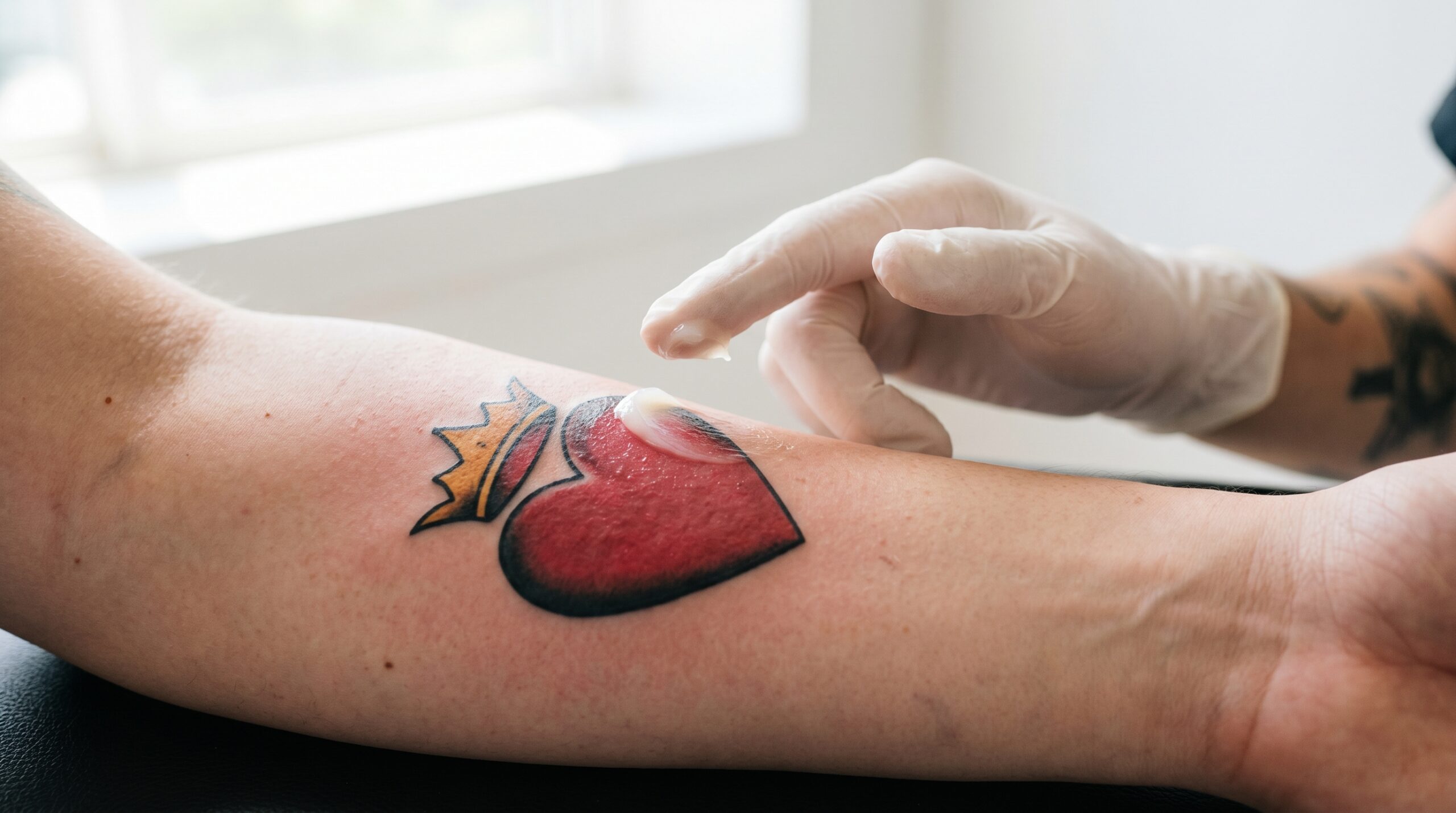 "Foto lifestyle ravvicinata di una persona che applica delicatamente un unguento su un fresco tatuaggio tradizionale a cuore rosso sull’avambraccio, con linee nere marcate e colori intensi in un ambiente luminoso e pulito." 