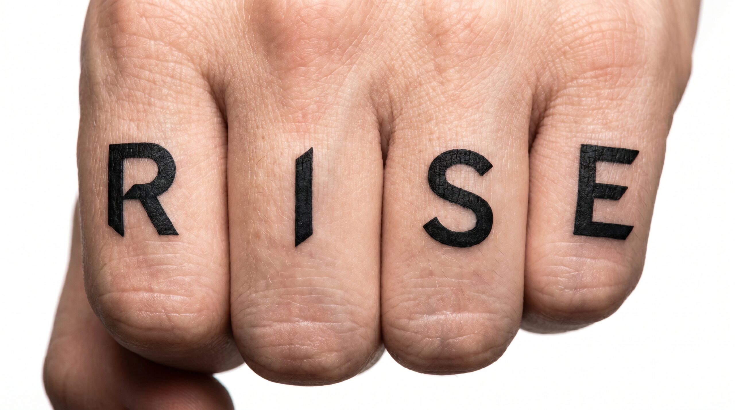 *Fotografia macro nitida di tatuaggi tipografici minimalisti sulle nocche, con una lettera dal font personalizzato su ogni dito che forma una parola d’impatto.*
