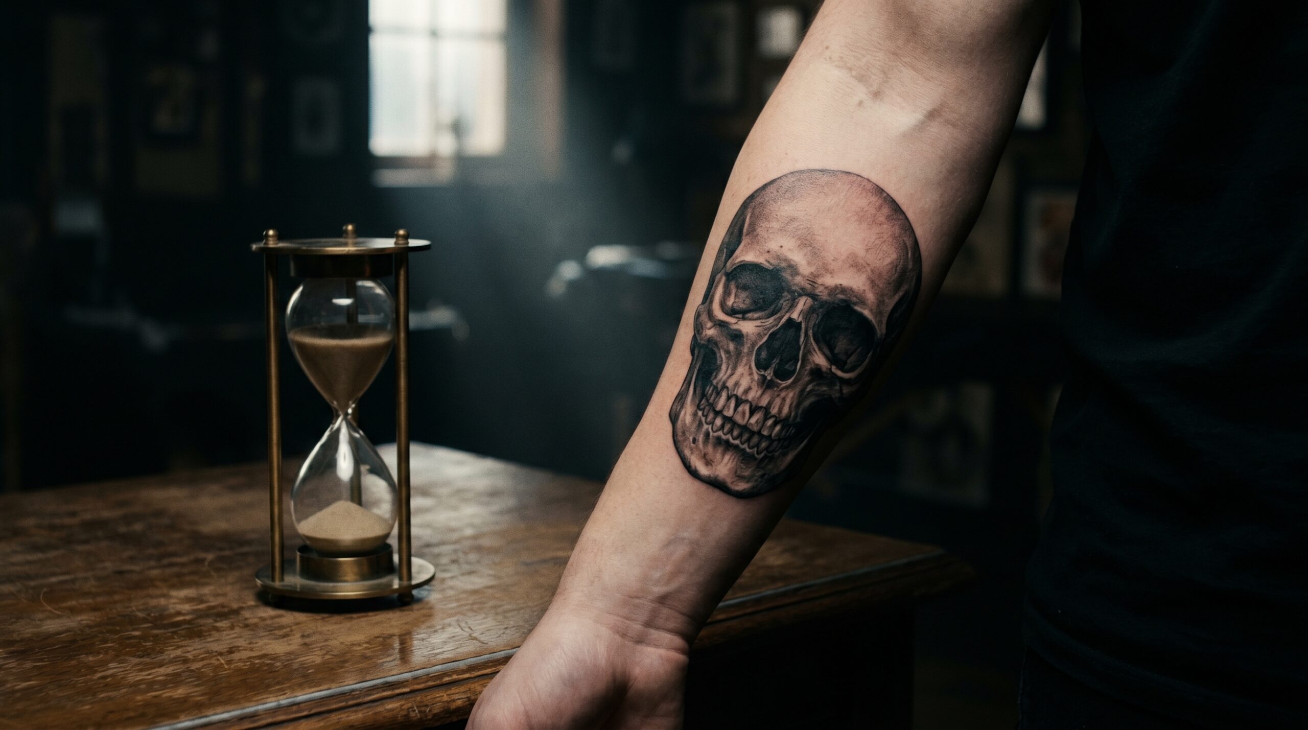Fotografia cinematografica dai toni scuri di un tatuaggio altamente dettagliato raffigurante un teschio umano su pelle pulita. Accanto al teschio si trova un’antica clessidra con sabbia che scorre elegantemente, mentre un sottile raggio di luce evidenzia le texture ossee e le ombre profonde, creando un’atmosfera intensa e drammatica.