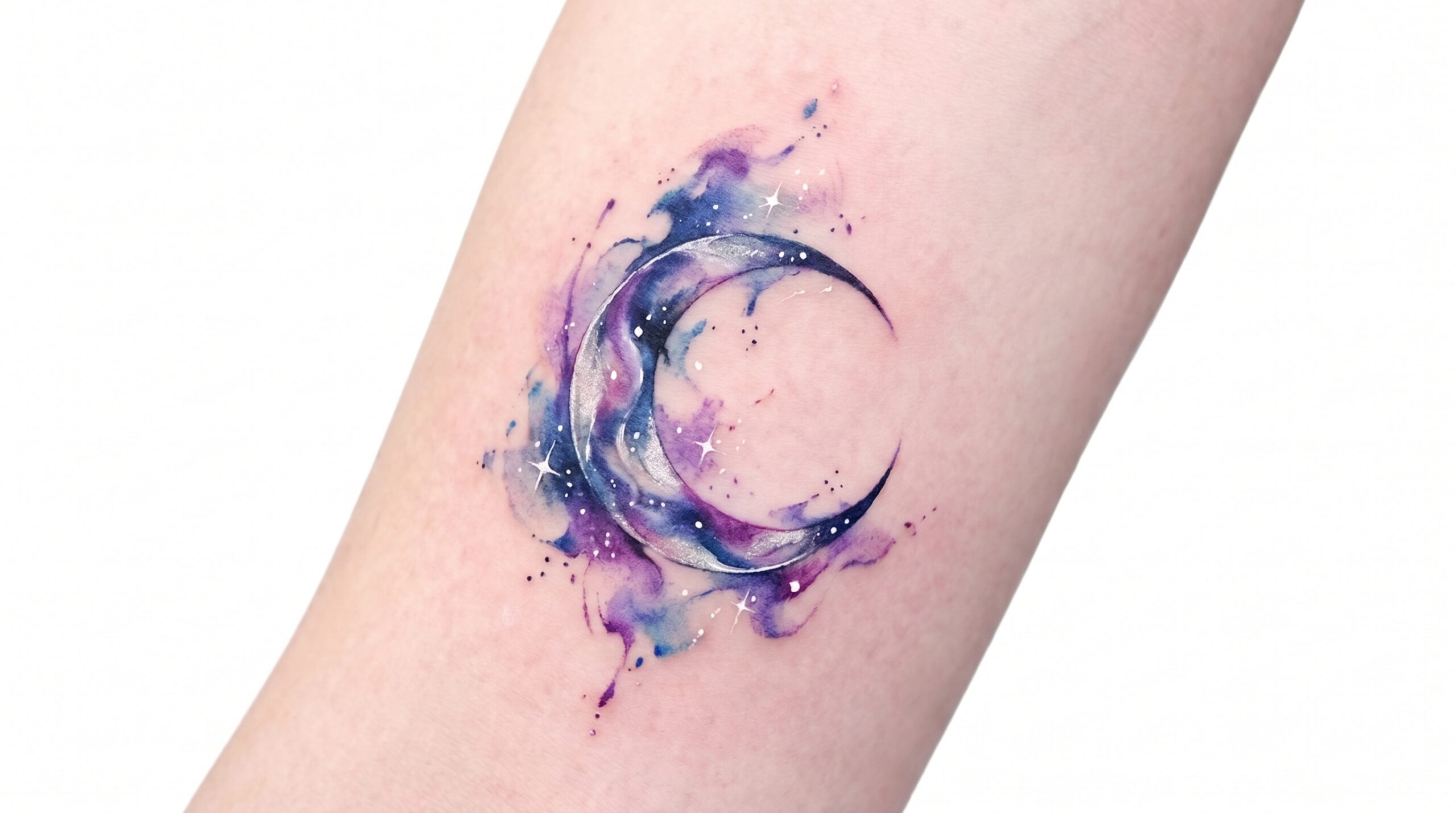 Delicato tatuaggio ad acquerello raffigurante una sottile luna crescente. La luna è circondata da morbidi schizzi eterei di inchiostro cosmico nei toni indaco, viola e argento. Minuscole stelle bianche sembrano spruzzate attorno al design, creando un’atmosfera sognante e celestiale.
