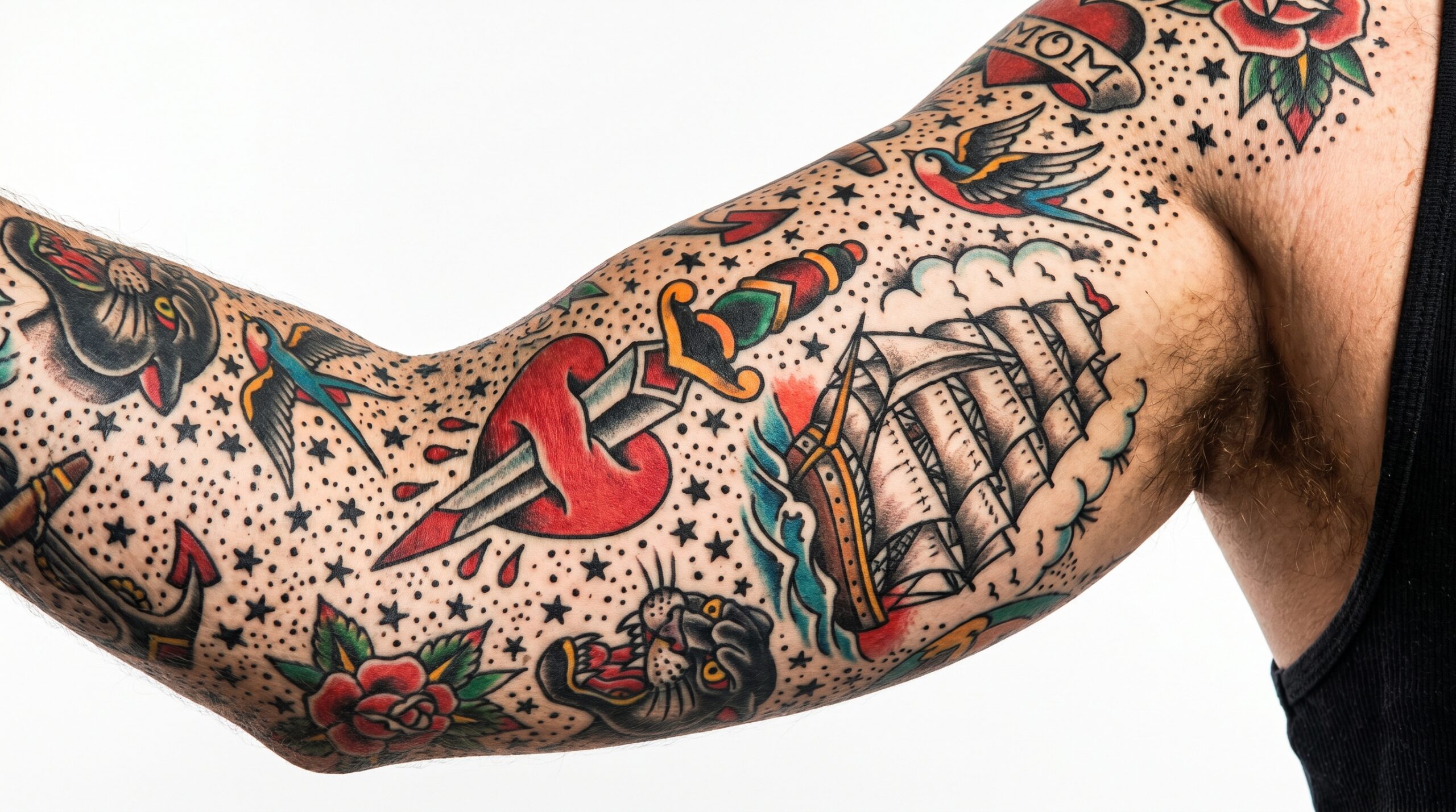 "Primo piano di un braccio con tatuaggi Old School separati, tra cui un pugnale attraverso un cuore e una nave clipper, con stelle e puntini neri tradizionali che completano una patchwork sleeve perfetta." 
