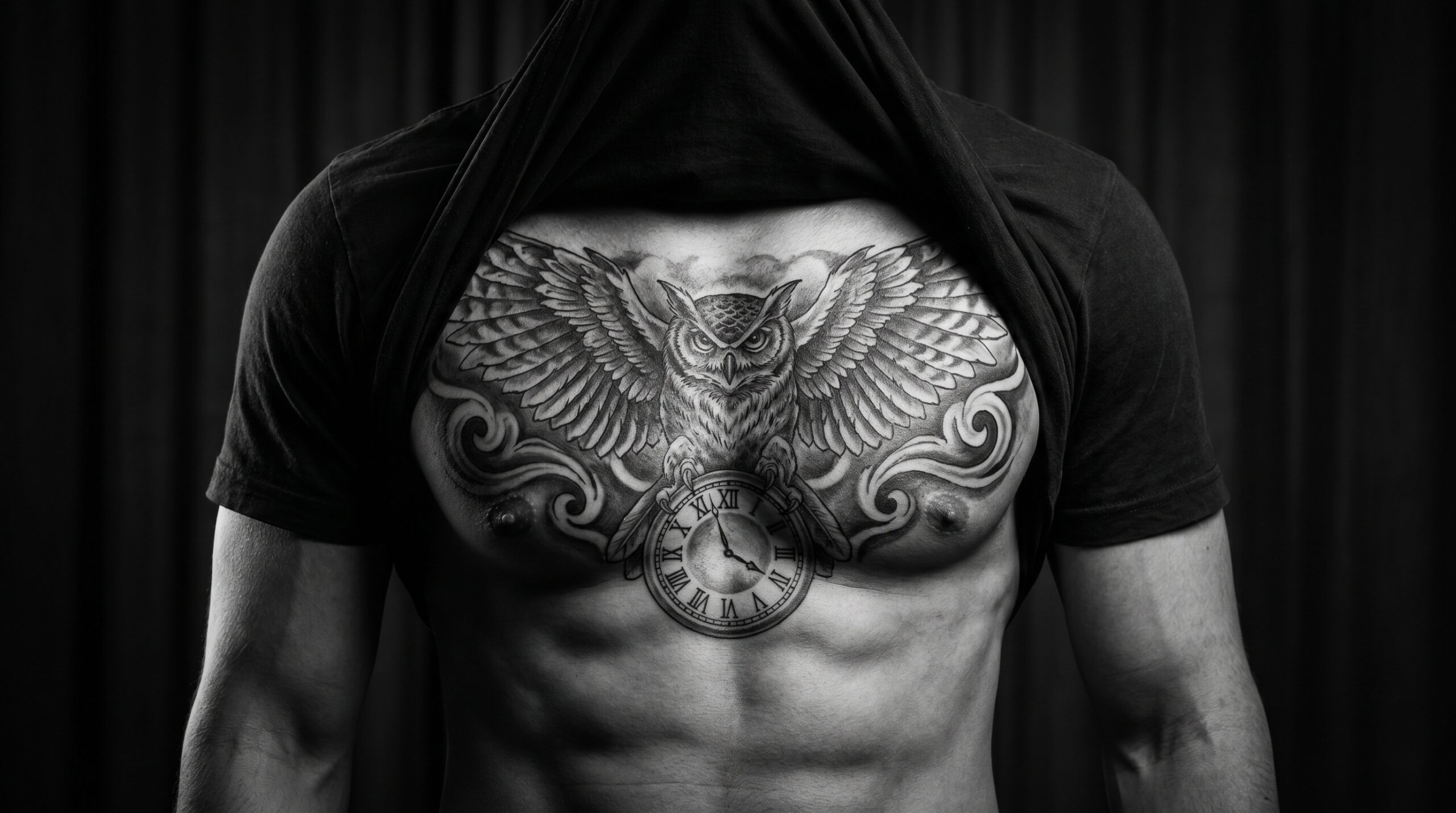 Fotografia drammatica in studio ad alto contrasto di un tatuaggio simmetrico che copre interamente il petto. Il design raffigura un grande gufo con le ali spiegate che si estendono su entrambi i pettorali, con un dettagliato quadrante di orologio posizionato al centro dello sterno.