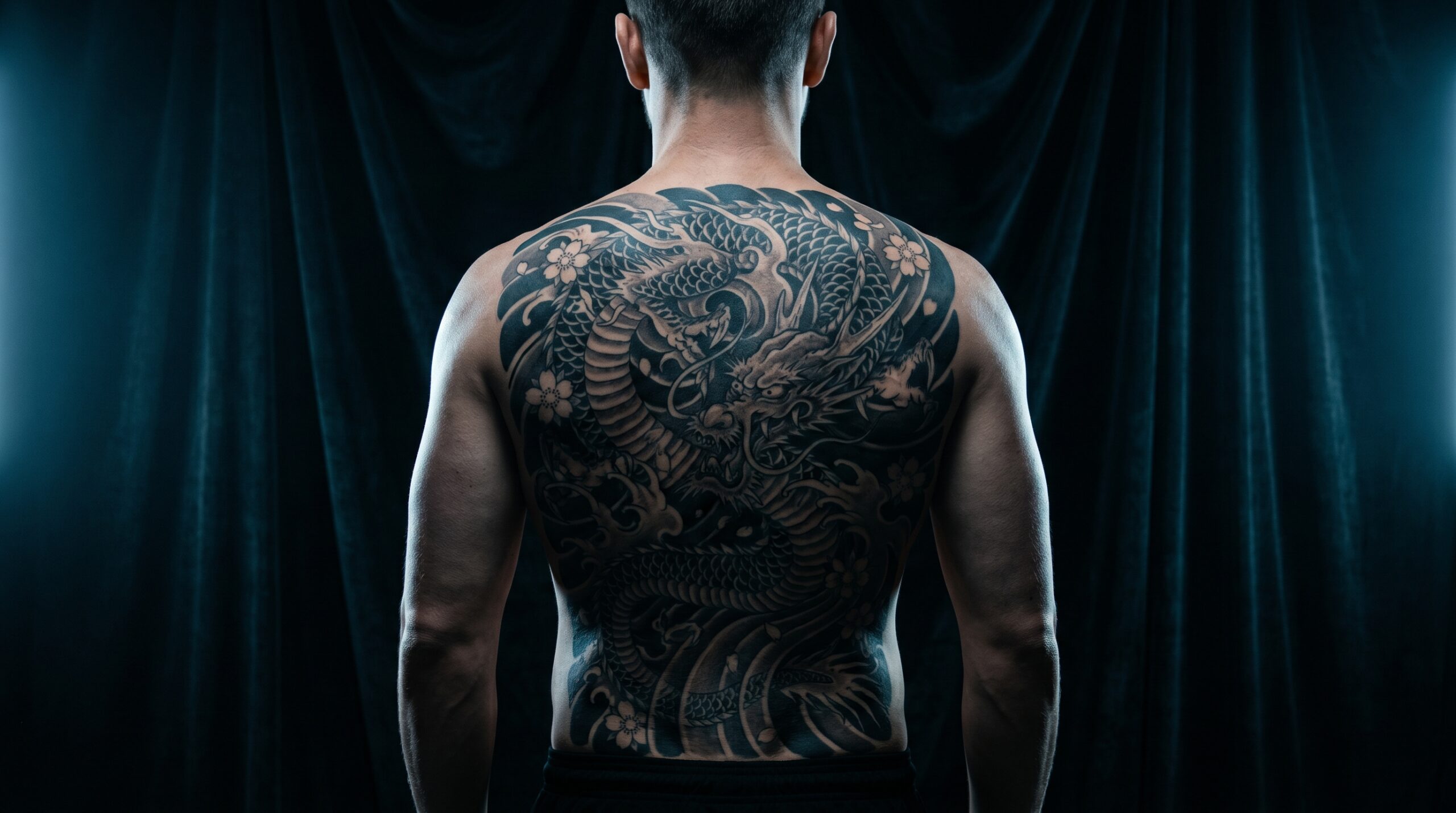 *Tatuaggio completo sulla schiena fotografato in studio con illuminazione cinematografica, opera continua dal collo alla parte bassa della schiena, inchiostro nero ad alto contrasto e stile museale drammatico.*
