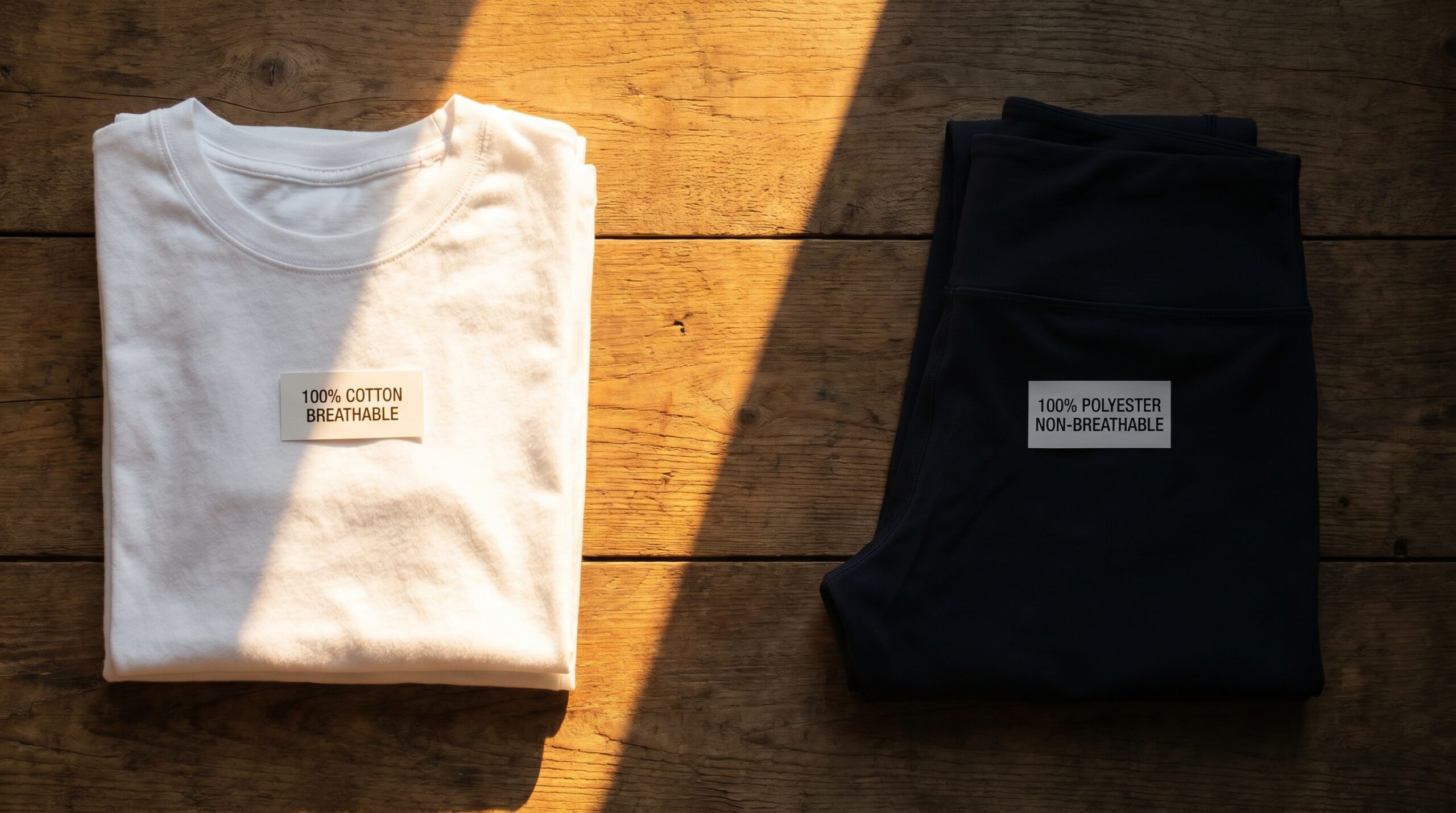 Fotografia in stile flat-lay che mostra una pila di morbide t-shirt bianche in 100% cotone accanto a un paio di aderenti leggings neri in poliestere da palestra. Le t-shirt in cotone sono immerse in una luce calda, mentre i leggings sono in ombra. Rappresenta la "traspirabilità" contrapposta alla sensazione di "soffocamento" sulla pelle.