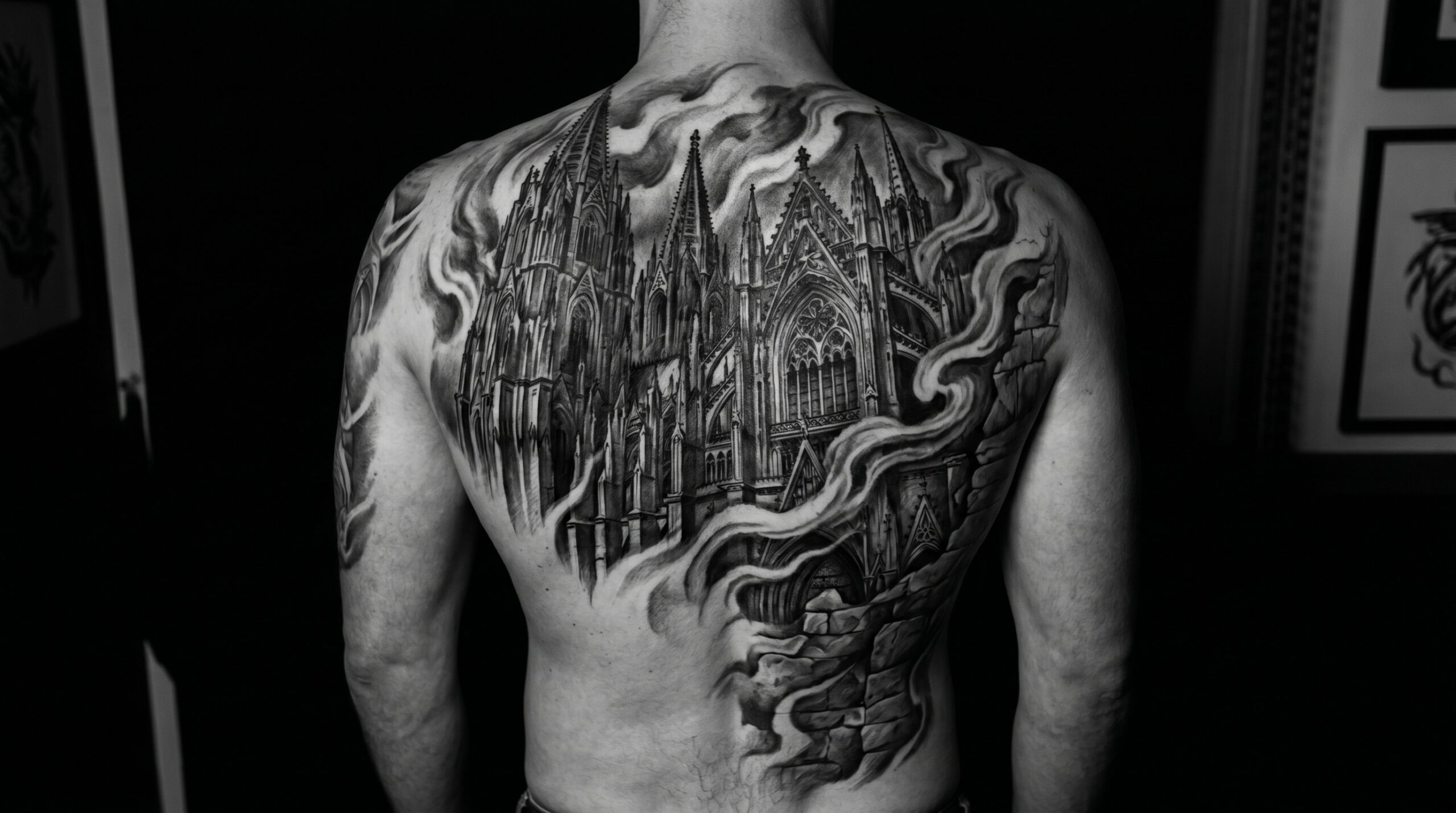 "Grande tatuaggio Dark Realism che copre l’intera schiena, raffigurante una maestosa facciata di cattedrale gotica che si fonde con ombre fumose, texture di pietra e illuminazione cinematografica drammatica, con forte contrasto e notevole profondità visiva."