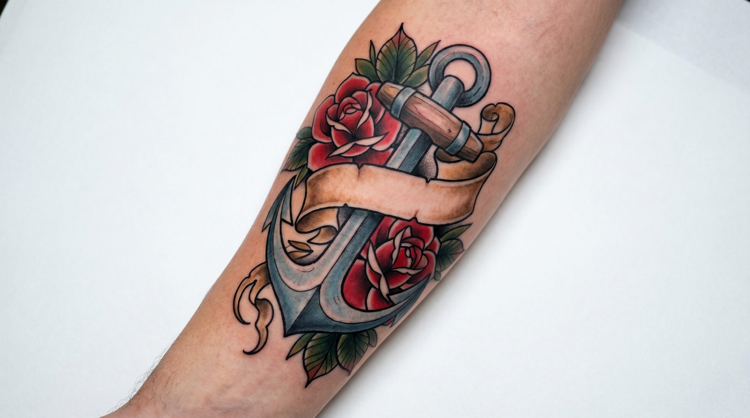 Splendido tatuaggio in stile Neo-Traditional raffigurante un’elegante ancora marina intrecciata con rose rosse in fiore e foglie verde scuro. Un fluido cartiglio in pergamena vuoto avvolge con grazia l’asta principale. Linework nitido e pulito, con morbide transizioni di colore e dettagli raffinati.