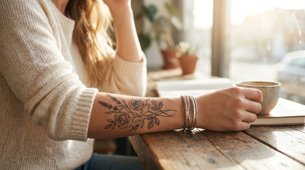 Braccio di donna elegante con un raffinato e artistico tatuaggio floreale. Il tatuaggio è in stile Fineline con delicate rose ed elementi botanici.