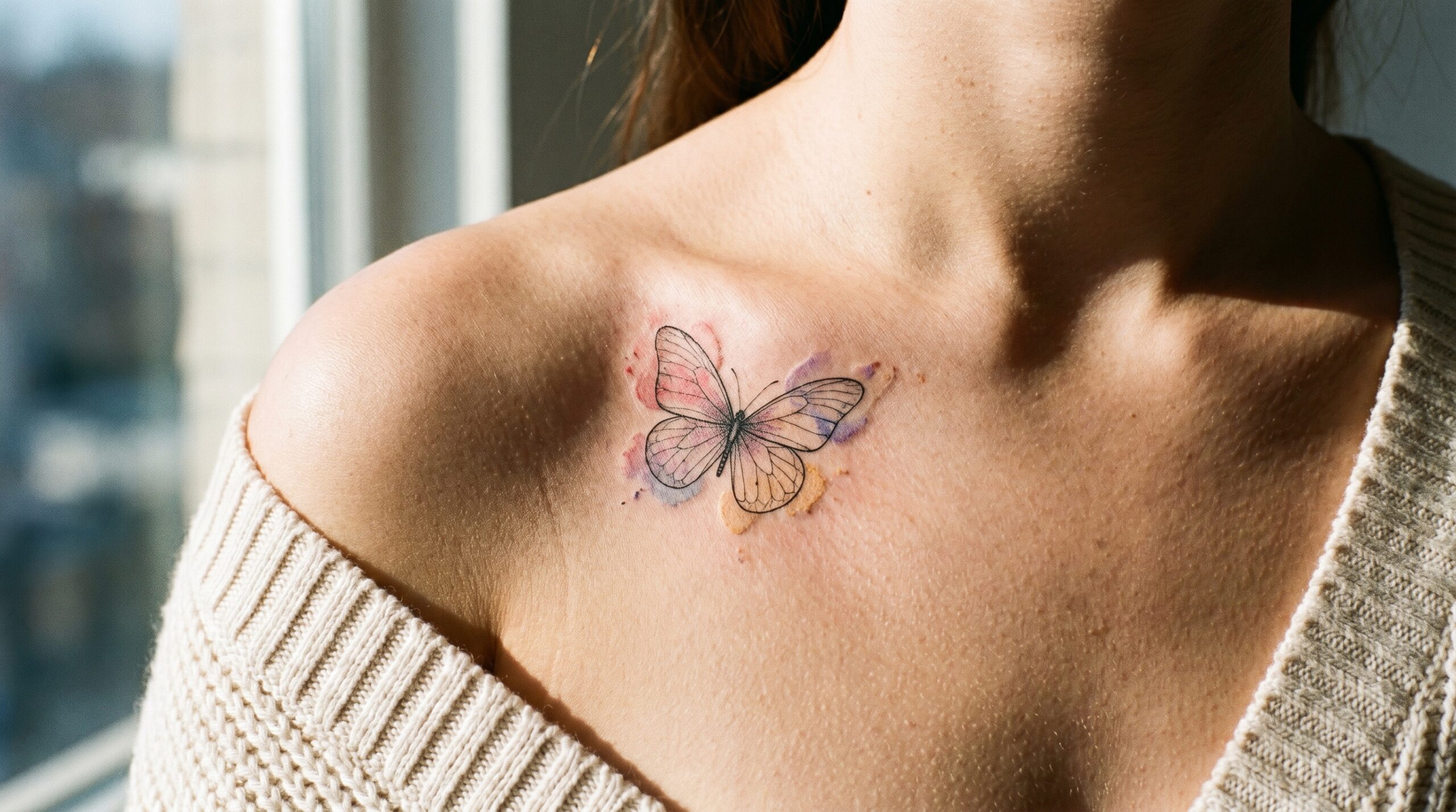 Fotografia artistica in alta risoluzione di un delicato tatuaggio a forma di farfalla sulla clavicola di una persona. La farfalla presenta raffinati dettagli in linea nera con leggere sfumature acquerellate dai toni pastello dietro le ali. La luce naturale calda e soffusa illumina la pelle, creando un’estetica elegante, intima e moderna.