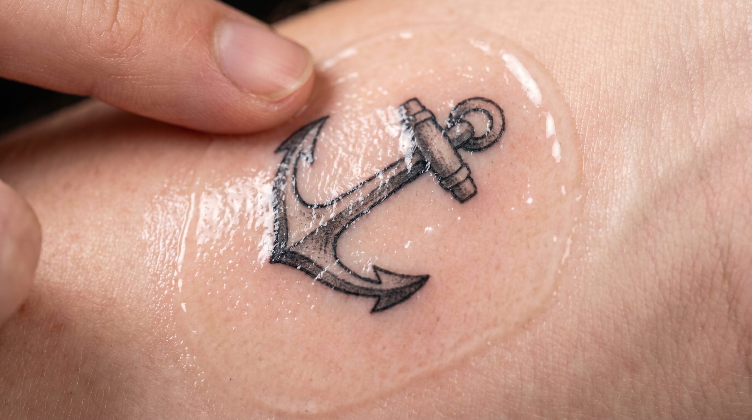 Inquadratura macro estrema di un polpastrello che stende un sottile strato di crema traslucida e rugiadosa su un tatuaggio a forma di ancora grigio-nera in fase di guarigione. La texture della pelle e i dettagli dell'inchiostro sono perfettamente visibili, con una leggera e sana idratazione.