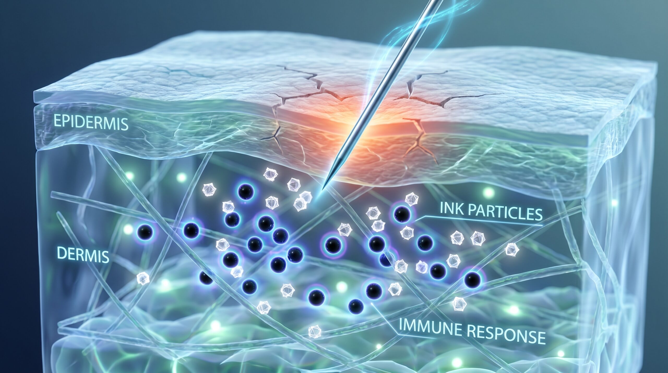 Una rappresentazione biologica 3D (non fotografica) estremamente dettagliata e stilizzata, che mostra una sezione trasversale di pelle umana. È visibile la punta di un sottile ago da tatuaggio in acciaio, subito dopo la perforazione. Particelle di inchiostro nero (rappresentate da piccole sfere luminose) sono incorporate nello strato più profondo e strutturato del derma. Sotto l'ago, minuscoli globuli bianchi (piccole strutture geometriche bianche) convergono visibilmente attorno agli agglomerati di inchiostro.