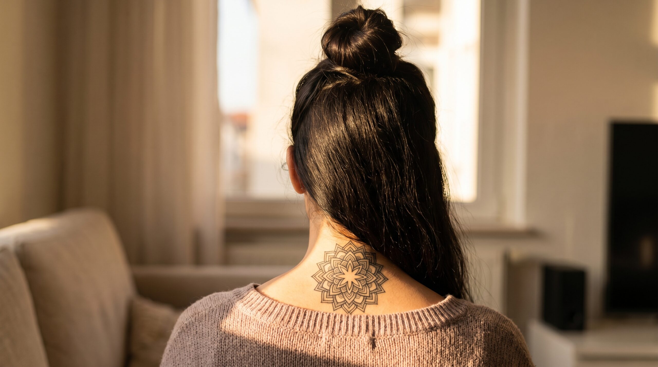 Fotografia lifestyle scattata da dietro di una donna con i lunghi capelli raccolti in uno chignon alto, che rivela un elegante tatuaggio geometrico a mandala, perfettamente simmetrico, posizionato sulla nuca.