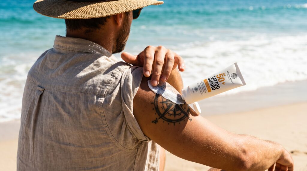 Una fotografia di una persona in spiaggia, ripresa di spalle, che si sta applicando uno stick di crema solare bianca e densa (SPF 50+) specificamente su un tatuaggio guarito sul tricipite.