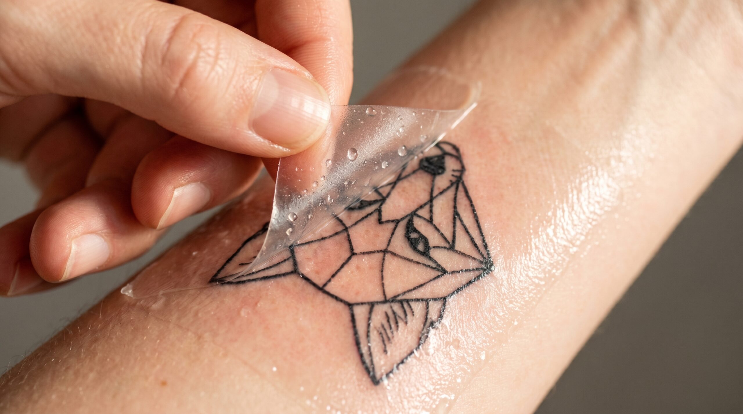 Inquadratura macro dall'alto di una mano pulita che solleva lentamente il bordo di una pellicola medica umida e opaca dalla pelle in via di guarigione di un tatuaggio a linea nera.
