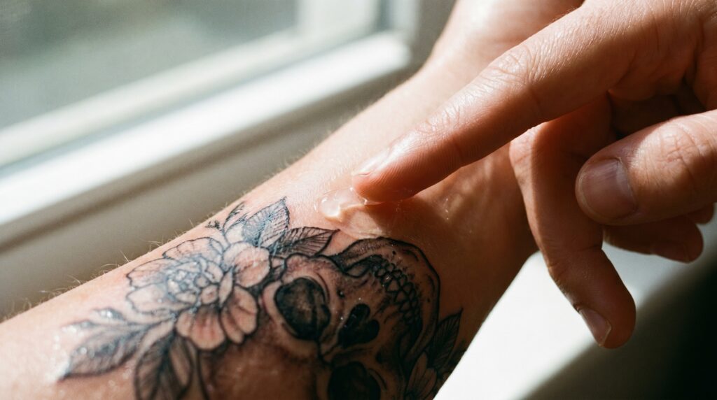 Una macrofotografia della mano di una persona che applica una piccolissima quantità di crema bianca su un tatuaggio fresco in bianco e nero sull'avambraccio. La crema viene stesa in uno strato così sottile da apparire trasparente, donando alla pelle un colorito sano e delicato, senza lasciare spessi residui bianchi.
