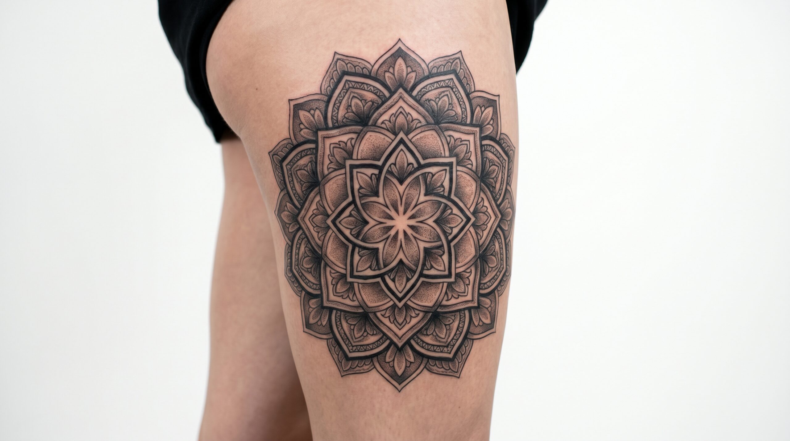 Magnifico tatuaggio ornamentale a mandala in stile Neo-Traditional, posizionato perfettamente sulla parte esterna della coscia di una donna. Il design circolare presenta una complessa simmetria geometrica e delicati motivi linework effetto pizzo, che si fondono in morbide sfumature dotwork.