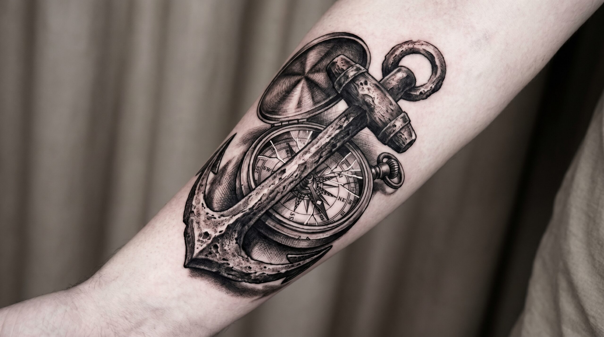 Moderno tatuaggio astratto ad acquerello raffigurante la silhouette minimalista di un’ancora. Esplosioni di schizzi, colature e sfumature di inchiostro blu oceano profondo, turchese e verde schiuma marina si fondono organicamente attorno alle nitide linee nere dell’ancora. Composizione artistica, vivace e dinamica su sfondo bianco.