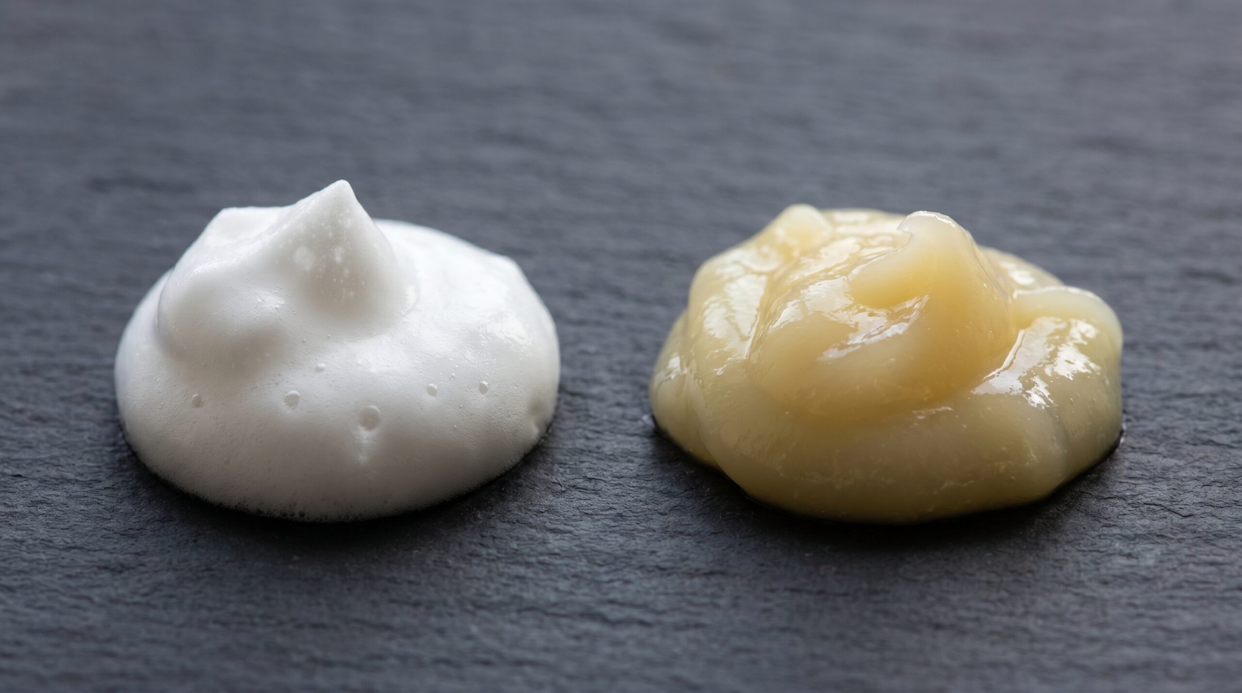 A minimalist composition showing two small dollops of product on a clean slate surface. One is a light, airy white cream (left), and the other is a denser, semi-translucent yellow-toned ointment (right).