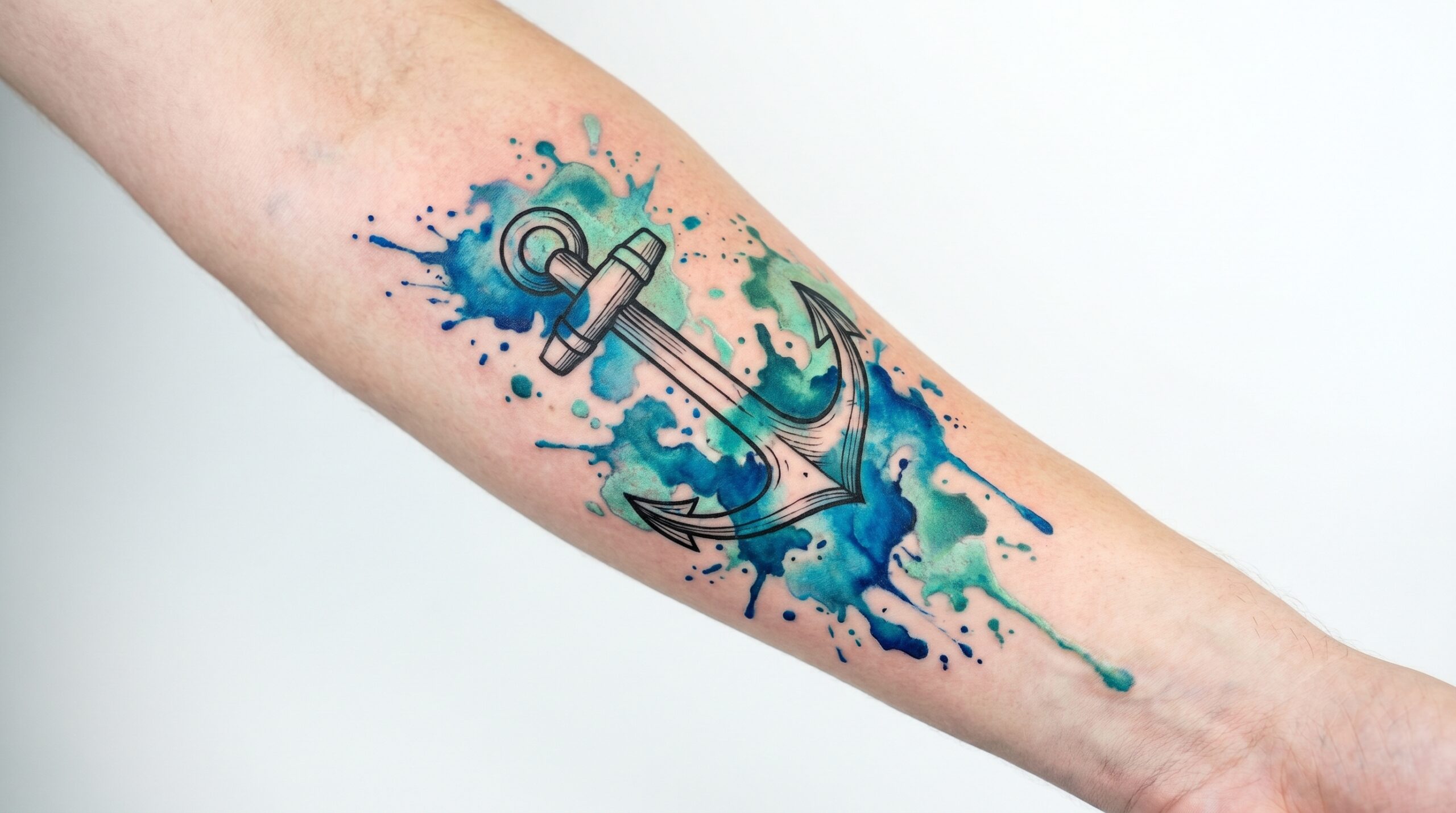 Composizione di tatuaggio realistico Black and Grey magistralmente sfumata, raffigurante una pesante ancora in ferro appoggiata sopra un’antica bussola meccanica da tasca. Texture metalliche dettagliate, ombre realistiche e messa a fuoco nitida sui dettagli del vetro e della ruggine. Alto contrasto, stile professionale di tattoo art su uno sfondo neutro.