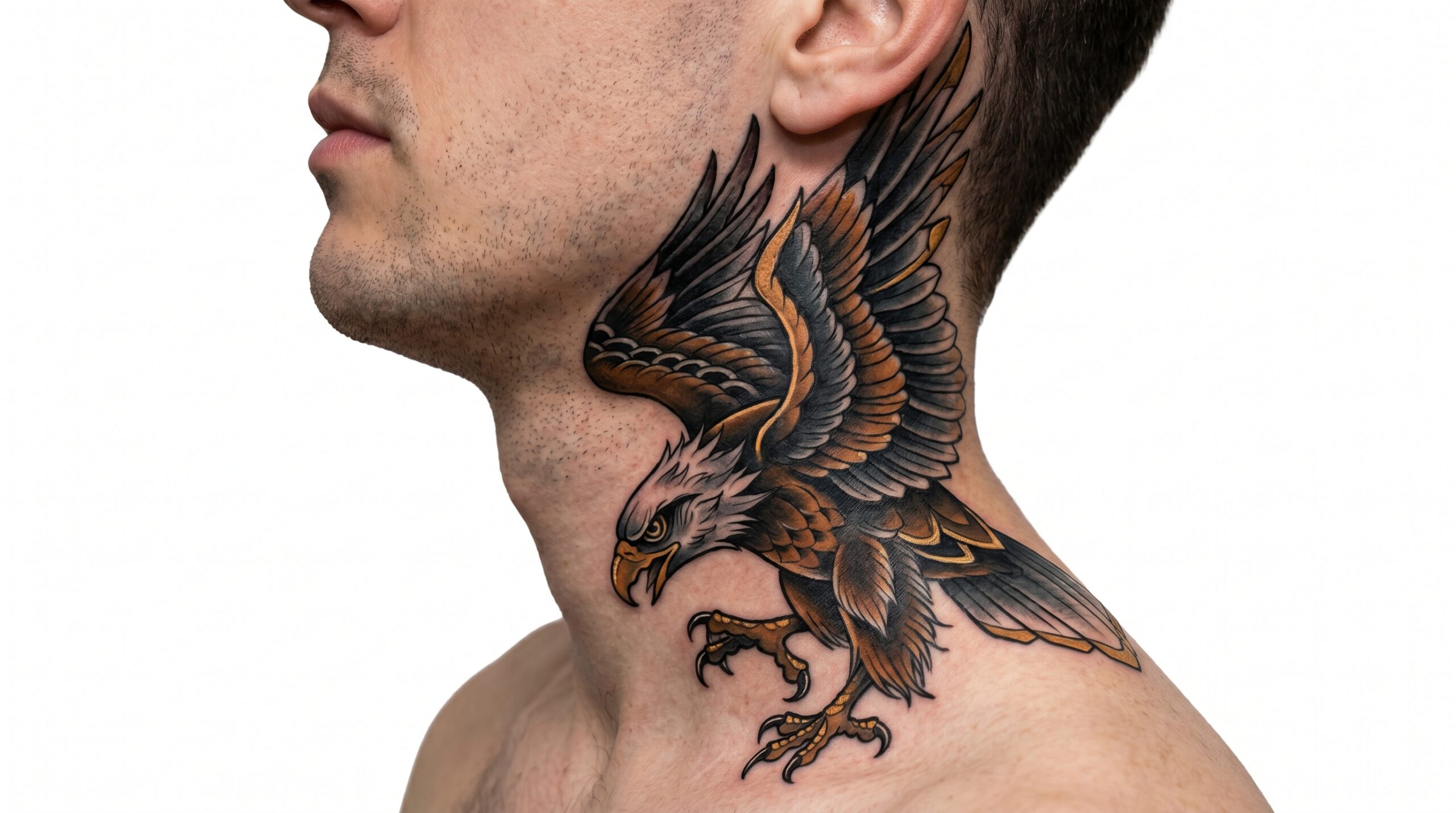 A powerful Neo-Traditional style tattoo of an eagle with its wings partially wrapped around the side of a man's neck. The design uses sharp lines, rich charcoal grays, and deep amber tones, flowing naturally from below the ear down toward the clavicle.