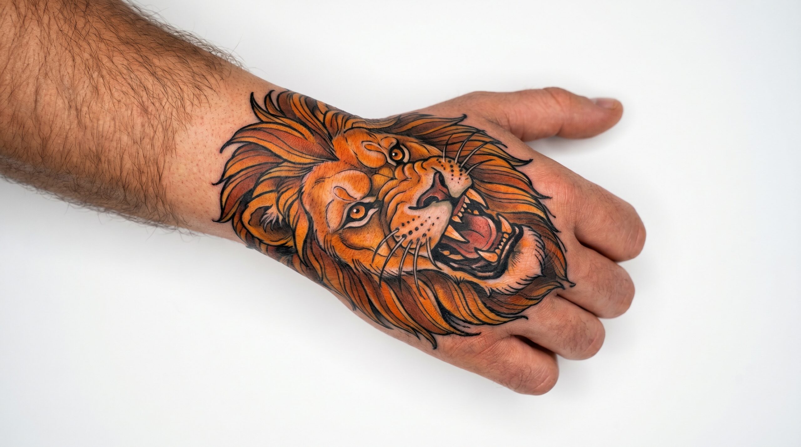 *Tatuaggio in stile Neo-Traditional raffigurante la testa ruggente di un leone che copre il dorso della mano di un uomo, con contorni neri marcati, tonalità dorate intense ed espressione feroce dettagliata sulle nocche.*
