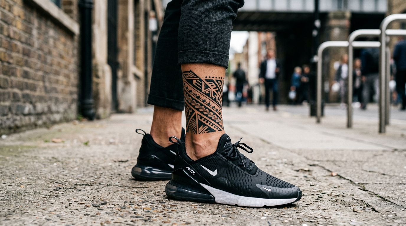 Foto professionale alla caviglia di un uomo con un vistoso tatuaggio geometrico o tribale. Indossa scarpe da ginnastica moderne e pantaloncini.