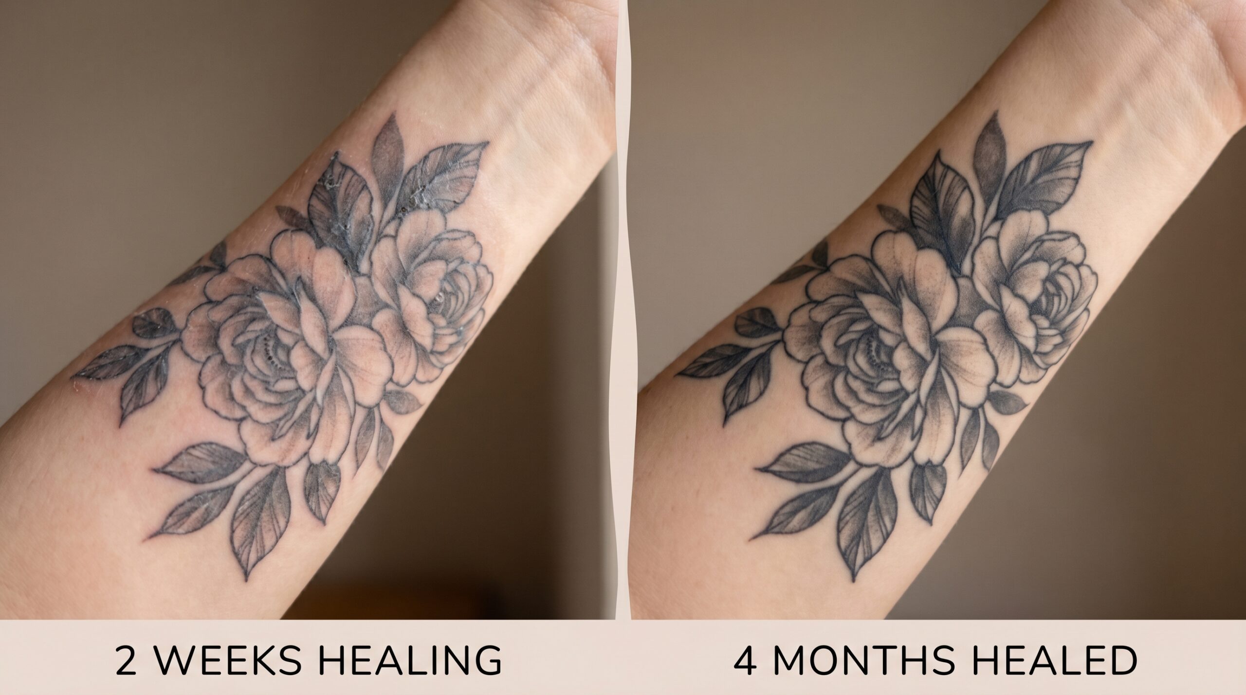 A side-by-side comparison of the same tattoo: on the left, the tattoo at 2 weeks (looking slightly cloudy and dull); on the right, the tattoo at 4 months (looking sharp, settled, and naturally integrated into the skin)