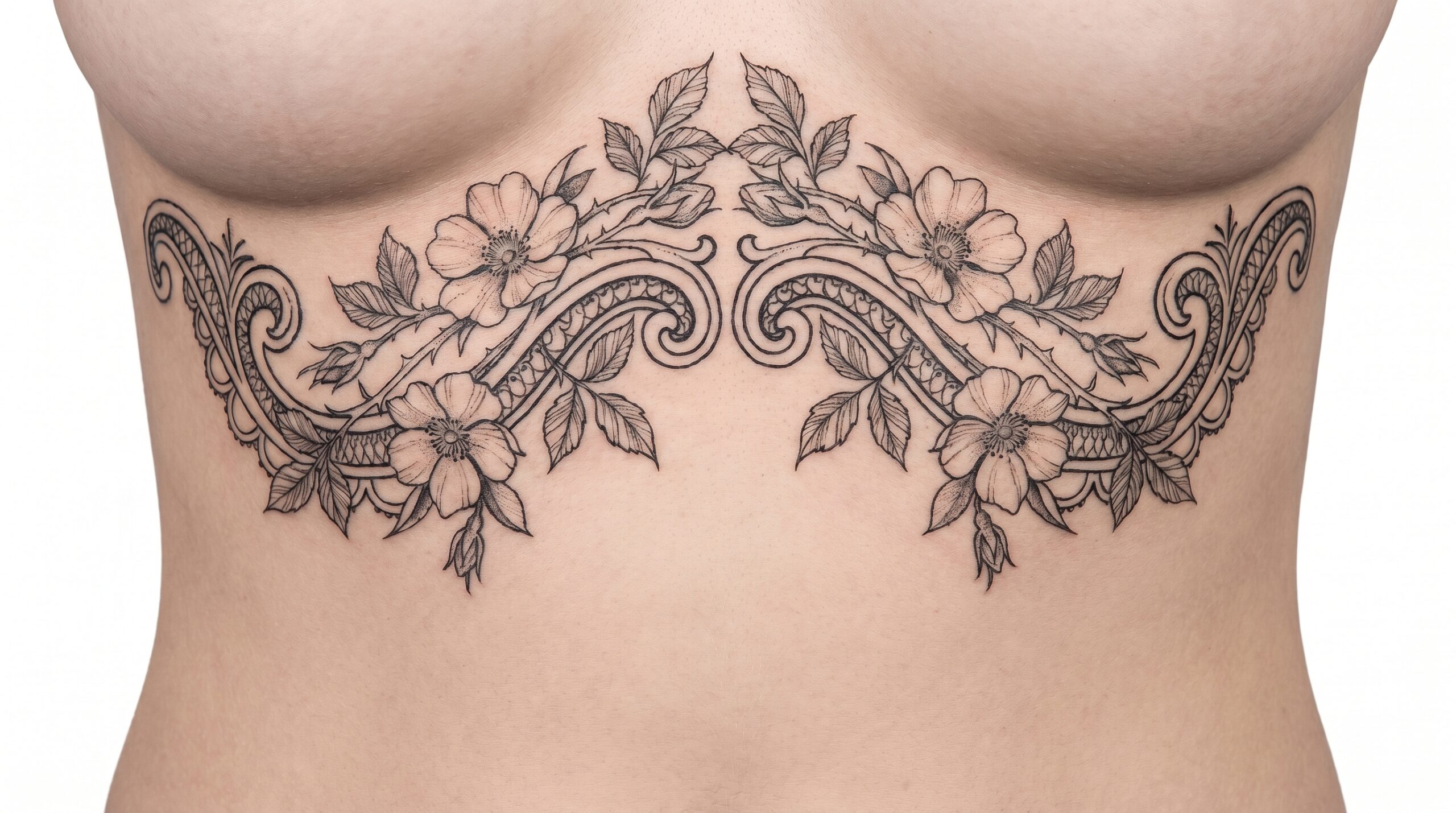 Sofisticato design di tatuaggio “Underboob” caratterizzato da una disposizione simmetrica di delicate rose selvatiche e raffinati ornamenti filigranati effetto pizzo. Il design si curva con grazia per seguire e valorizzare l’anatomia naturale del petto.
