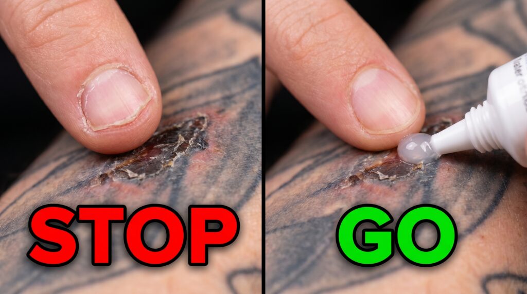 Un'immagine a schermo diviso: a sinistra, una vista macro dell'unghia di una persona pericolosamente vicina a staccare una crosticina di un tatuaggio (contrassegnata con "STOP" in rosso). A destra, un dito che applica delicatamente una piccola quantità di crema trasparente per tatuaggi sulla stessa area per lenire il prurito (contrassegnata con "VIA" in verde).