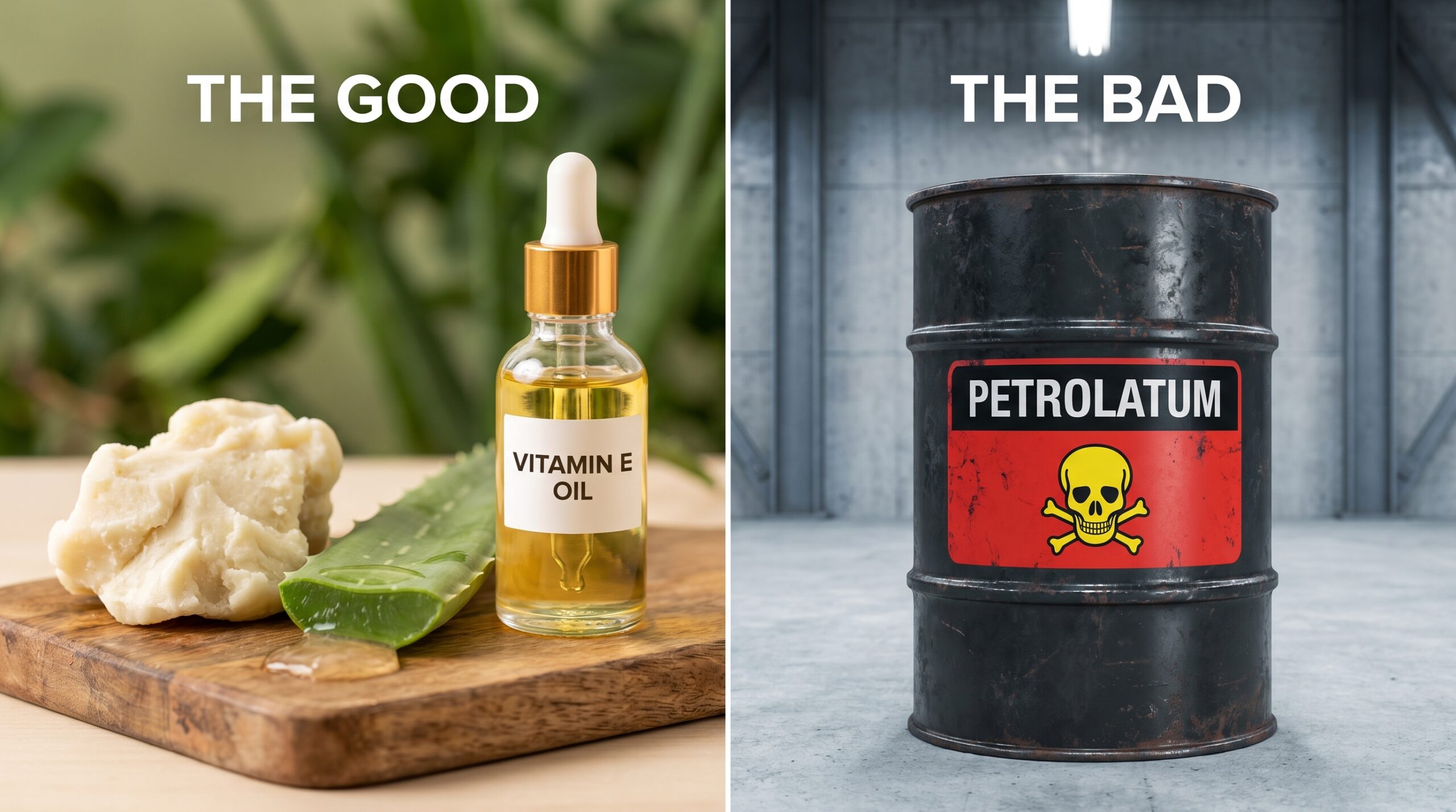 A sinistra, ingredienti naturali come un pezzo di burro di karité grezzo, una foglia di aloe vera e una piccola bottiglia di olio di vitamina E (il buono). A destra, un contenitore scuro dall'aspetto industriale con l'etichetta "Petrolatum" e un simbolo di avvertimento (il cattivo).