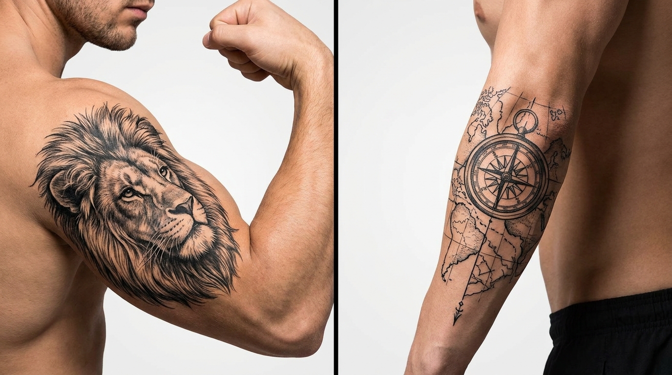 Visualizzazione a schermo diviso di due possibili posizioni per tatuaggi sul braccio maschile. A sinistra, un tatuaggio dettagliato e realistico di un leone sulla bicipite. A destra, un disegno verticale di bussola e mappa sull'avambraccio esterno.