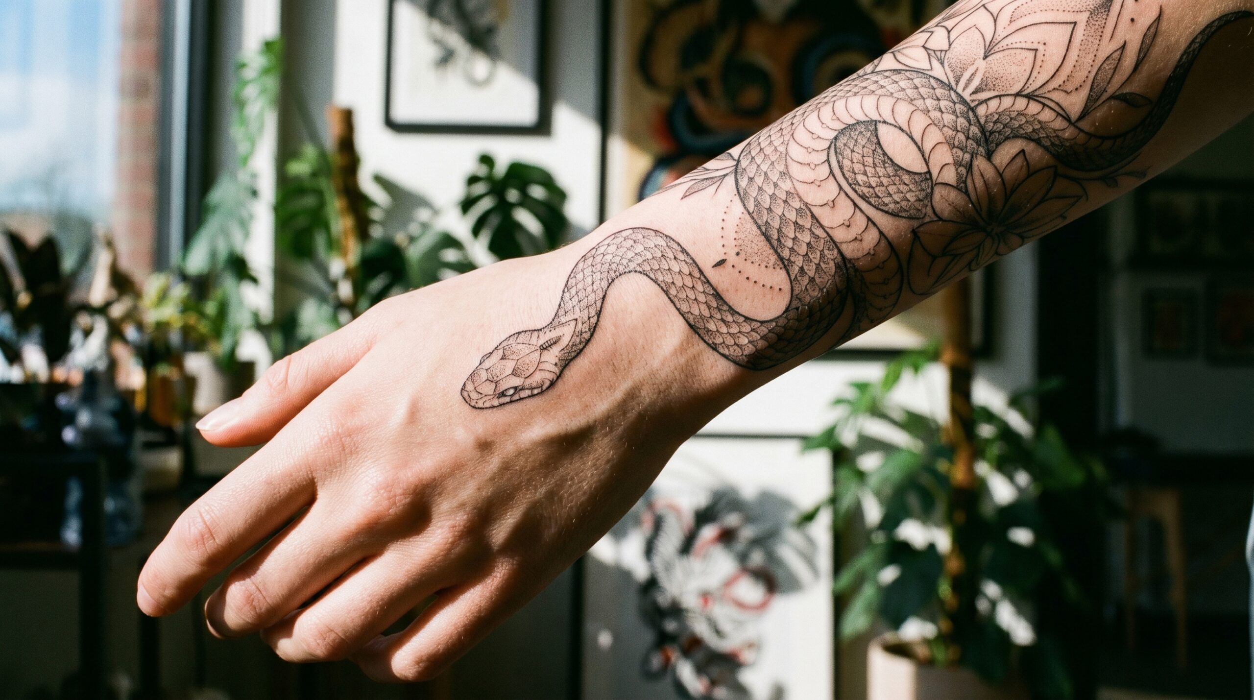 "Realistic fine-line and dotwork snake tattoo wrapped around the wrist and forearm, with micro-shading detail on the scales and dramatic side lighting, crafted in a sleek, modern style."