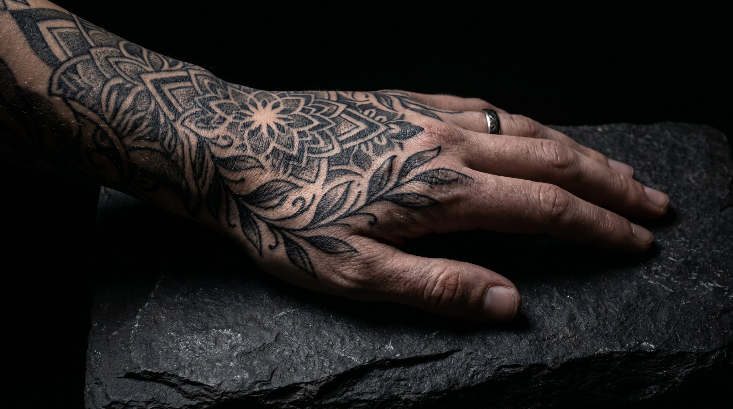 *Fotografia ravvicinata in studio di una mano completamente tatuata appoggiata elegantemente su una superficie scura, con un design intricato che combina mandala geometrici ed elementi botanici fine-line estesi verso il polso.*