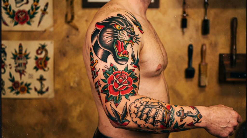 Tatuaggi stile American Traditional su braccio con pantera ruggente, rosa rossa e nave a vela, contorni neri marcati e colori vivaci dallo stile vintage.