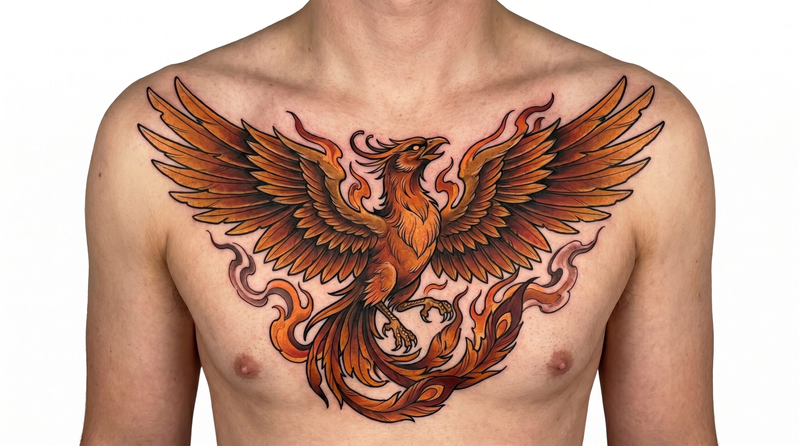 Stupefacente tatuaggio Neo-Traditional raffigurante una fenice che rinasce, con le ali fiammeggianti che si estendono su tutta la parte superiore del petto fino alle clavicole.
