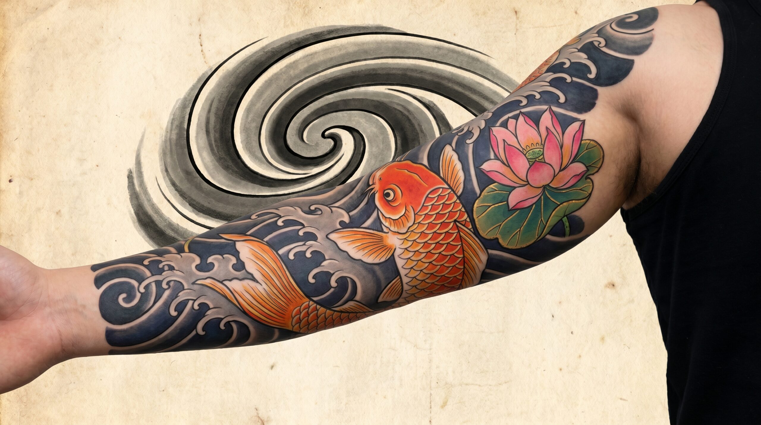 Disegno di tatuaggio sleeve tradizionale giapponese Irezumi raffigurante una vibrante Nishikigoi (carpa Koi) arancione e bianca che nuota verso l’alto attraverso onde di vento scure, accanto a un grande fiore di loto rosa splendidamente sfumato. Composizione dinamica e dettagliata, con forte estetica tradizionale giapponese.