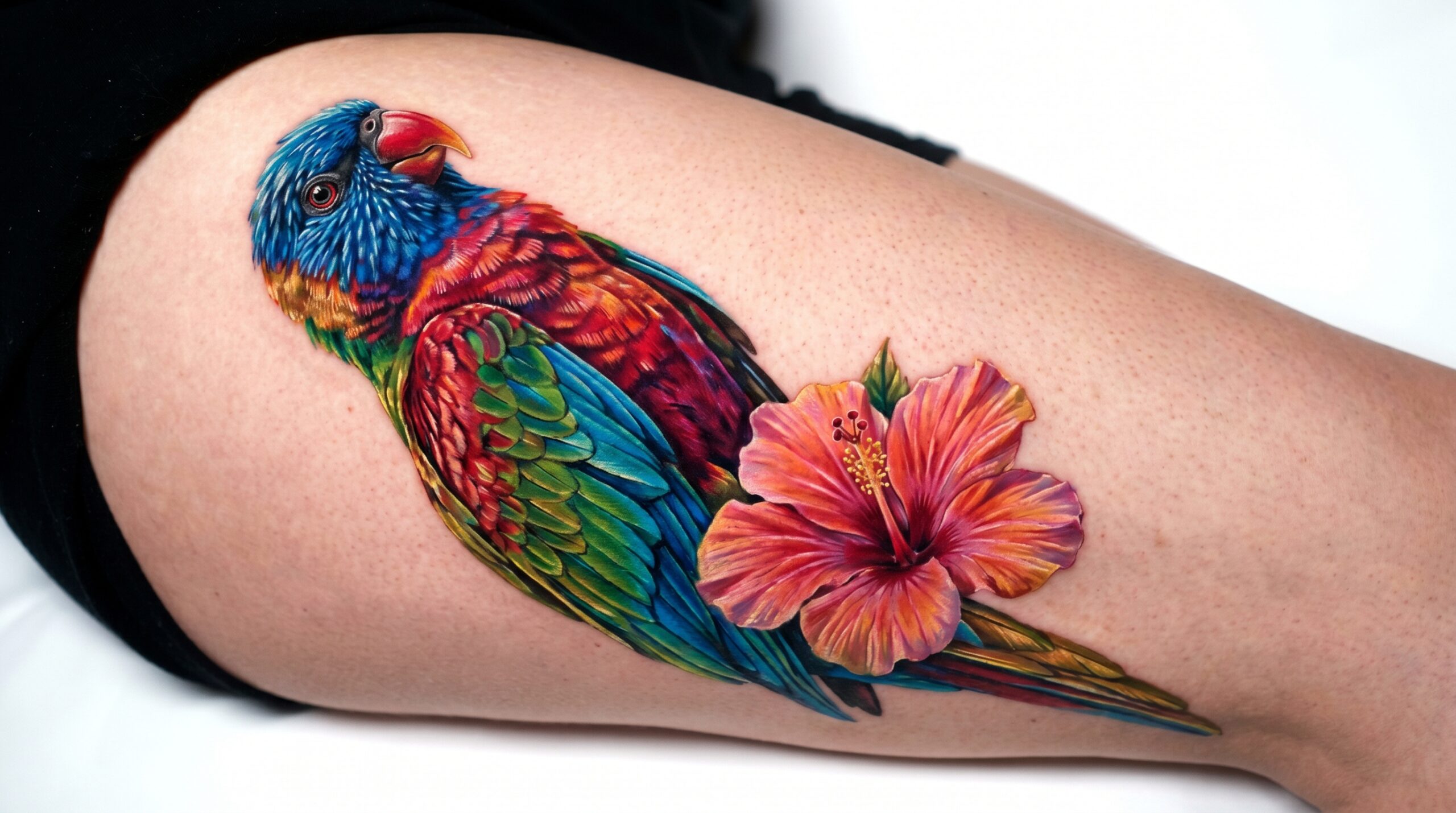 "Fotografia da studio di un tatuaggio Color Realism su coscia raffigurante un pappagallo esotico multicolore posato su un fiore di ibisco in piena fioritura, con sfumature vivaci di blu elettrico, rosso intenso e verde smeraldo, dettagli estremamente realistici e colori altamente saturi su sfondo bianco."
