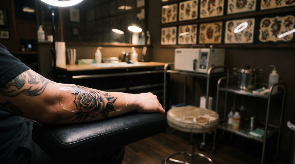 Una fotografia grandangolare e suggestiva scattata all'interno di uno studio di tatuaggi professionale, scarsamente illuminato. Il soggetto principale è il braccio di una persona appoggiato su un supporto imbottito nero.