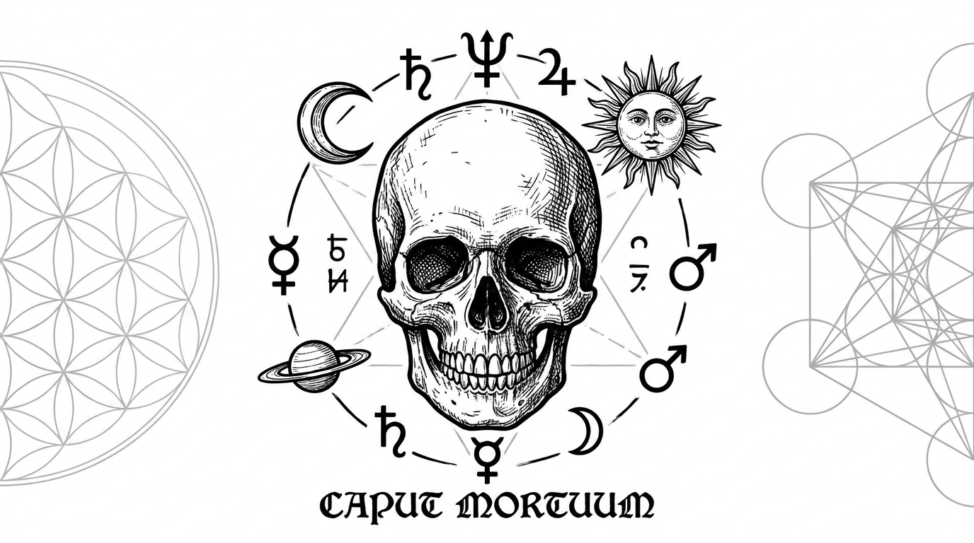 Disegno di tatuaggio alchemico esoterico raffigurante un teschio umano, noto come Caput Mortuum. Il design incorpora simboli celesti, una luna crescente e sottili linee di geometria sacra sullo sfondo, creando un’atmosfera mistica e simbolica.
