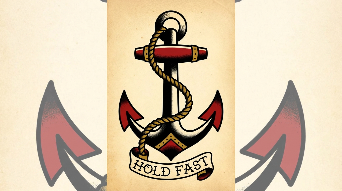 Autentico disegno di tatuaggio American Traditional (Old School) raffigurante una classica ancora navale avvolta da una spessa corda. Il design presenta contorni neri marcati e pesanti, profonde sfumature nere e una vivace palette cromatica con accenti rosso intenso e giallo senape.