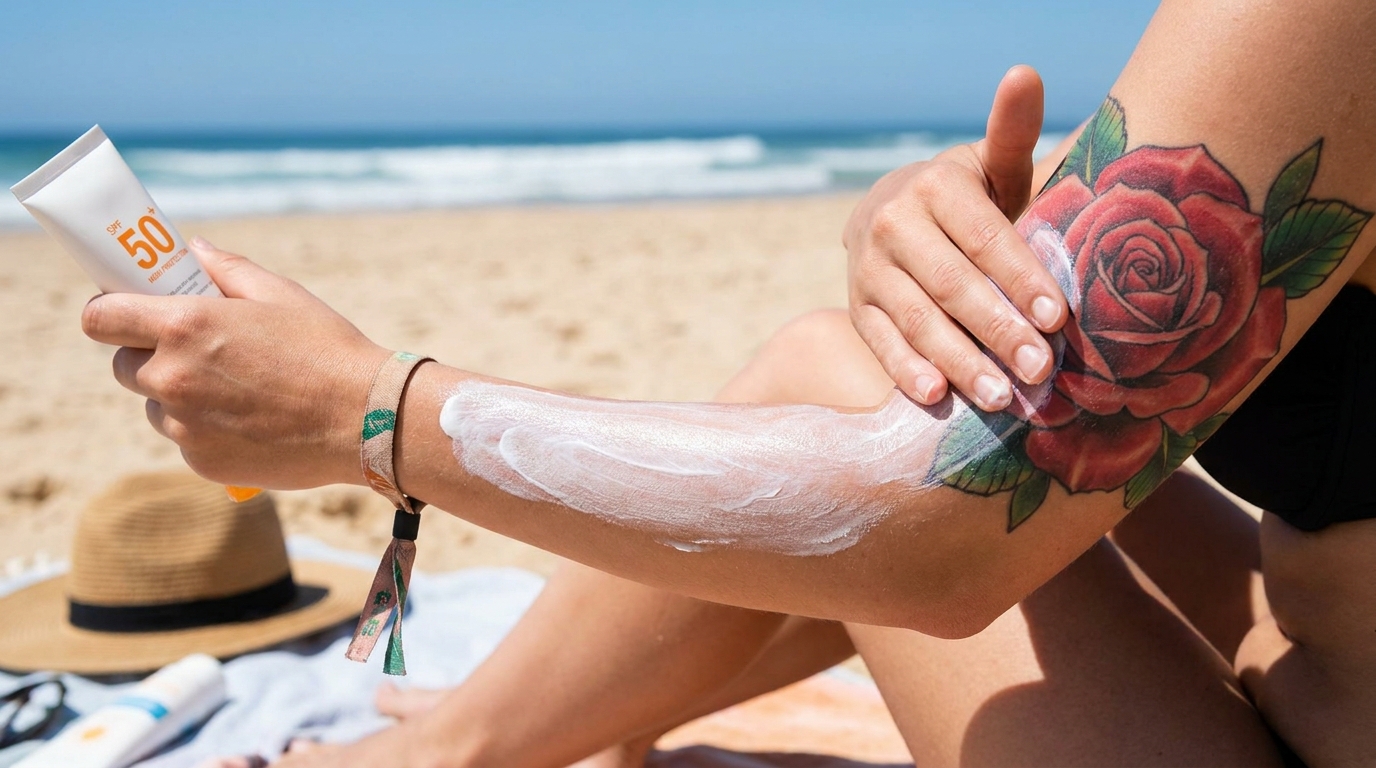 "Foto lifestyle ravvicinata di una persona in spiaggia che applica una generosa quantità di crema solare SPF 50 su un tatuaggio realistico a colori raffigurante una rosa sull’avambraccio, ben guarito e ricco di dettagli, illuminato dalla luce naturale del sole."