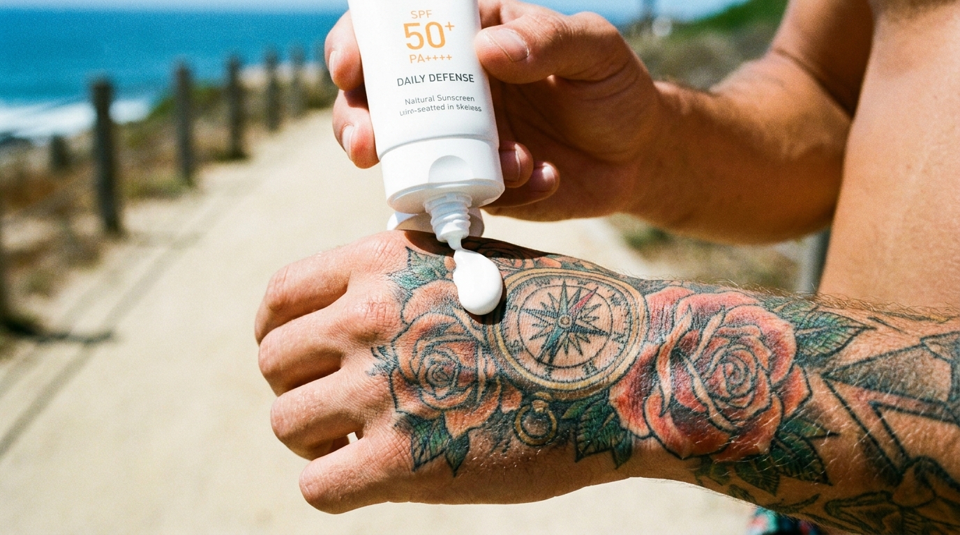 *Fotografia lifestyle ravvicinata di una persona che applica con cura una goccia di crema solare ad alta protezione su un tatuaggio dettagliato guarito sul dorso della mano, con luce naturale diurna che enfatizza la cura della pelle e la conservazione dell’inchiostro.*
